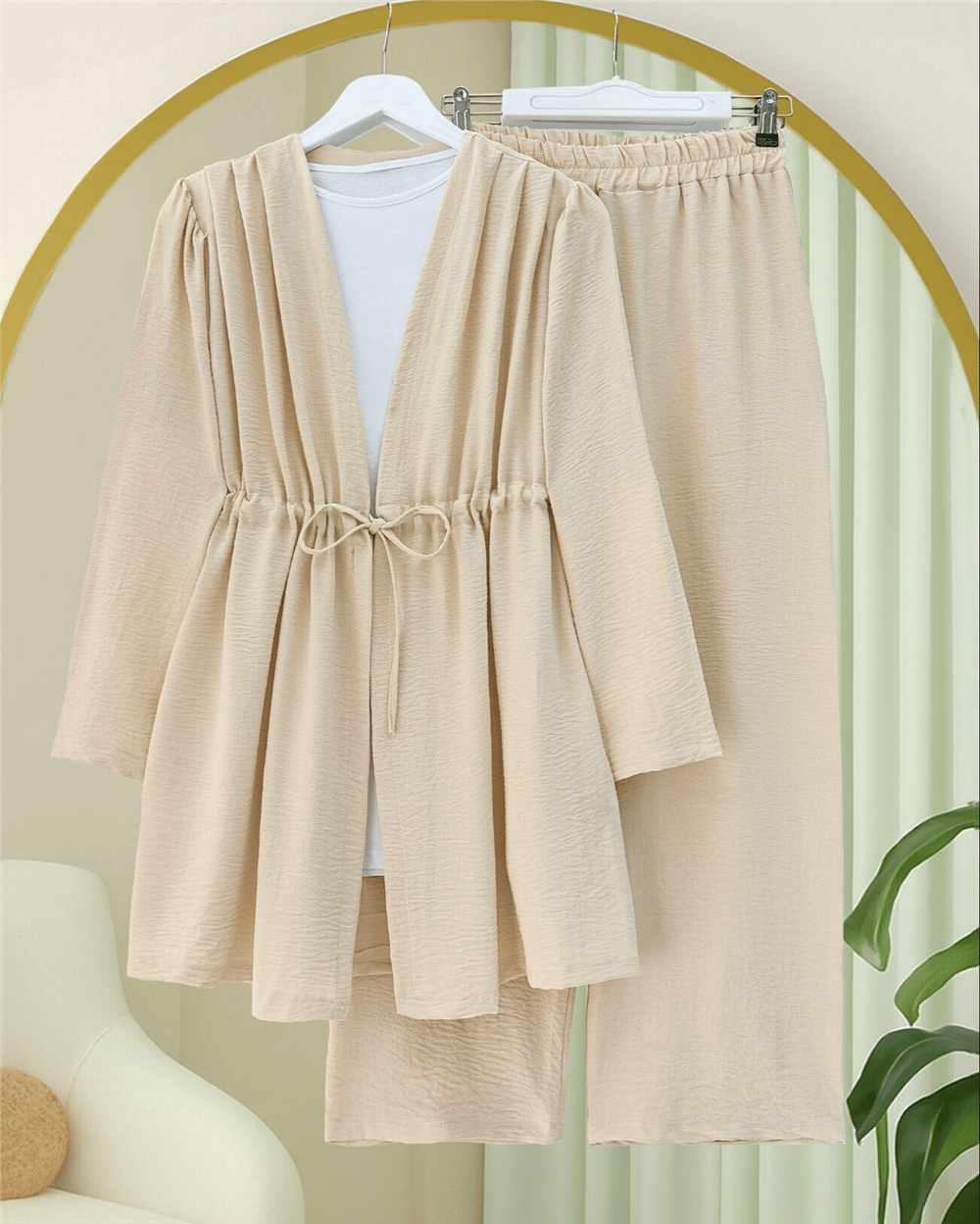 Tünel Bağcıklı Ayrobin Kimono Takım -Bej-Takım-349-7073-R56
