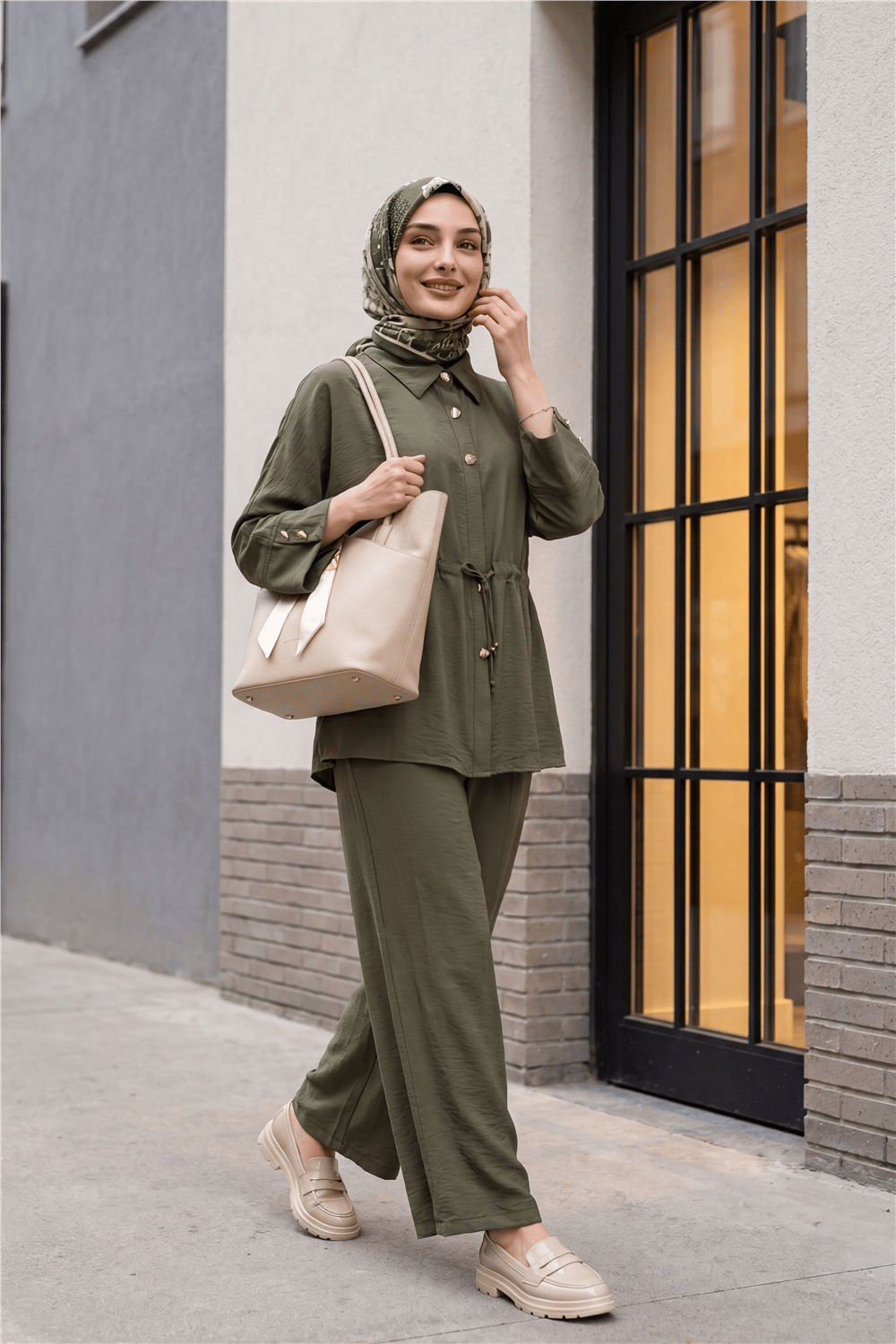 Tünel Bağcıklı Beli Lastikli Pantolonlu Pamuklu Krinkıl Takım   -Haki-Takım-317-2455-R05