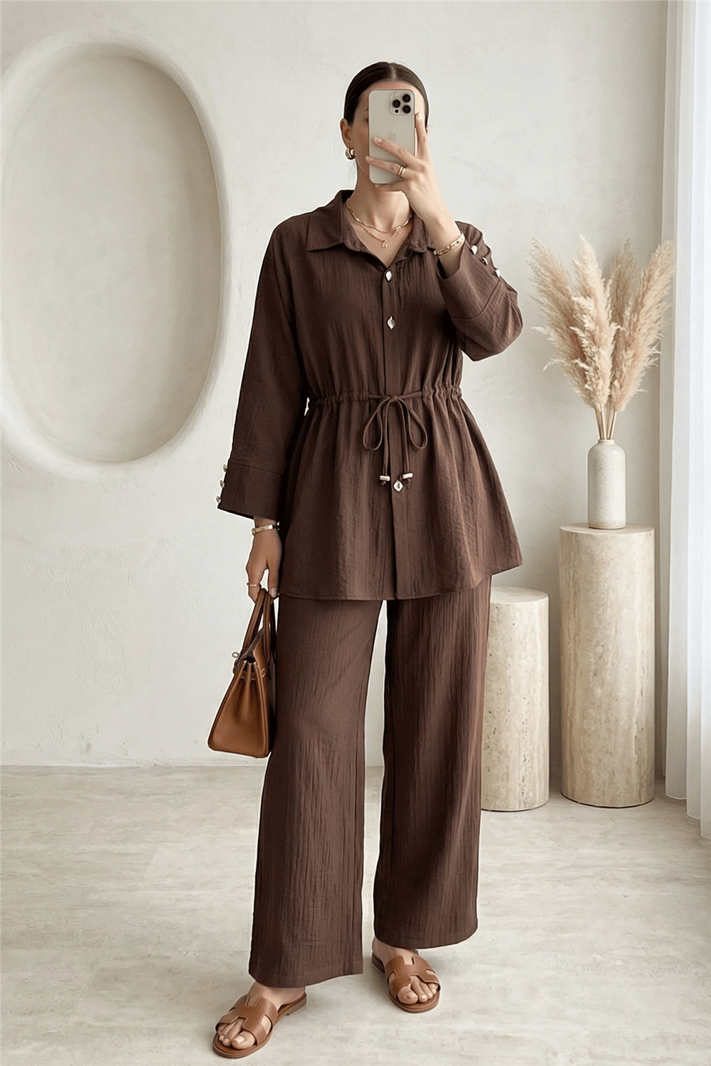 Tünel Bağcıklı Beli Lastikli Pantolonlu Pamuklu Krinkıl Takım -Kahve-Takım-317-2455-R15