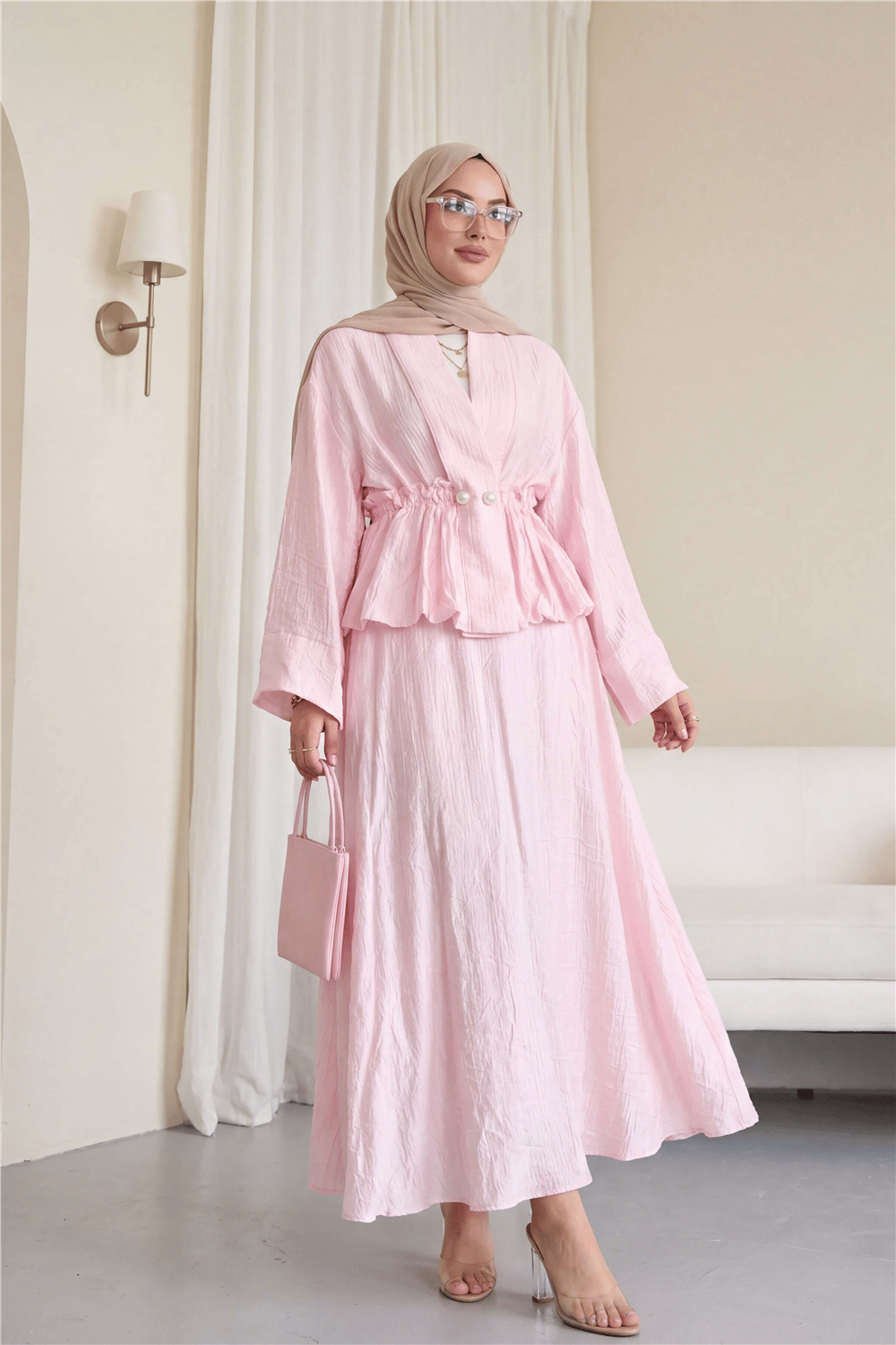 Tünel Bağcıklı İnci Düğmeli Eteği Astarlı Tensel Müslin Takım  -Pembe-Takım-114-3246-R20