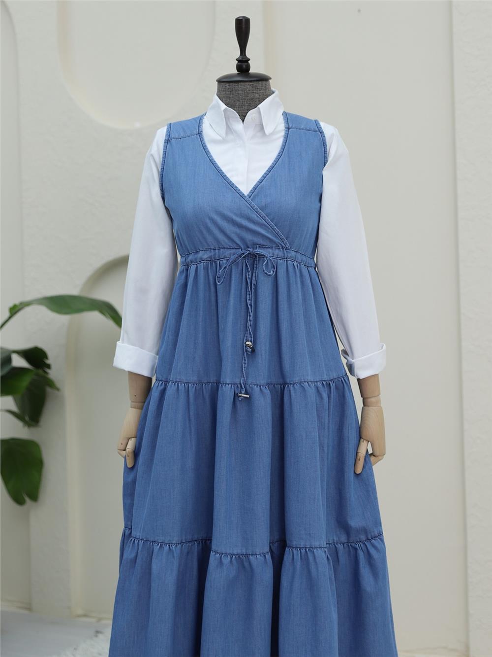 Tünel Bağcıklı V Yaka Kot Jile -Mavi-186-5771-R31