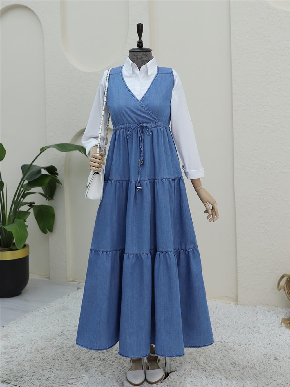 Tünel Bağcıklı V Yaka Kot Jile -Mavi-186-5771-R31