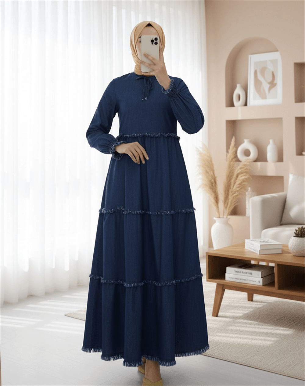 Üç Parça Yıkamalı Kot Elbise -İndigo-Elbise-192-6121-R21