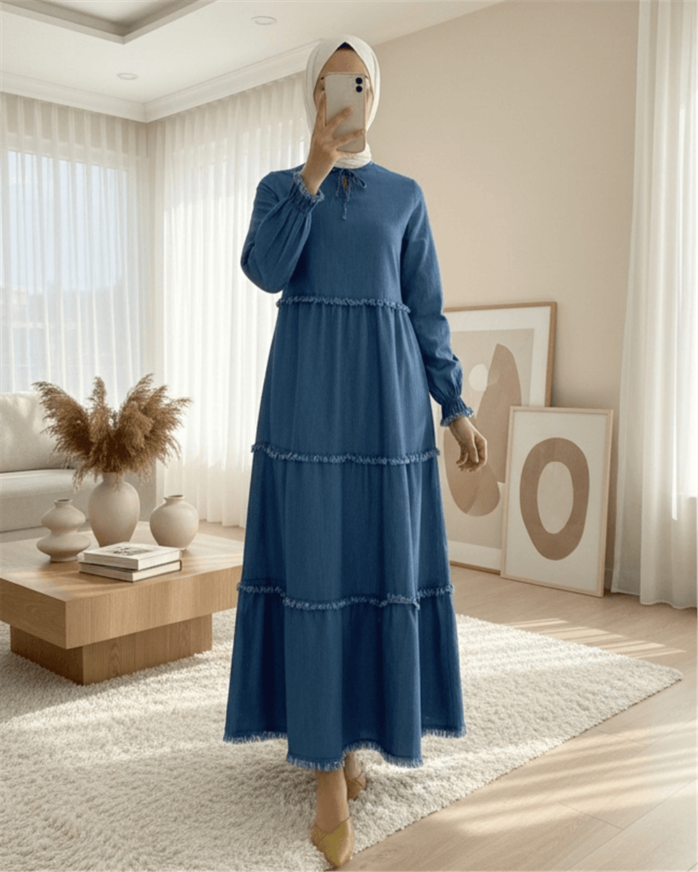 Üç Parça Yıkamalı Kot Elbise -Mavi-Elbise-192-6121-R31