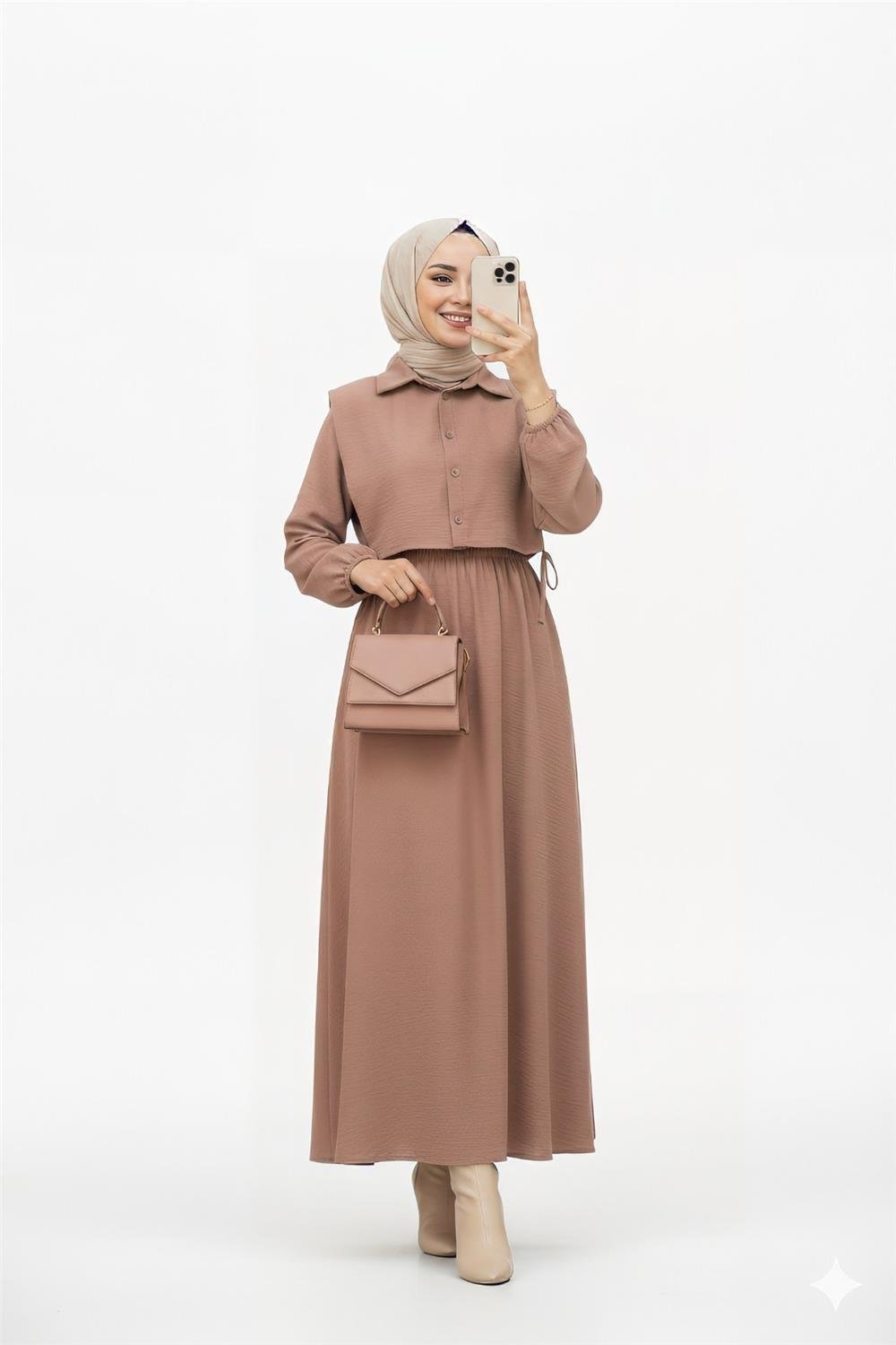 Üstü Gömlek Detaylı Elbise Takım -Vizon-111-61474-R23