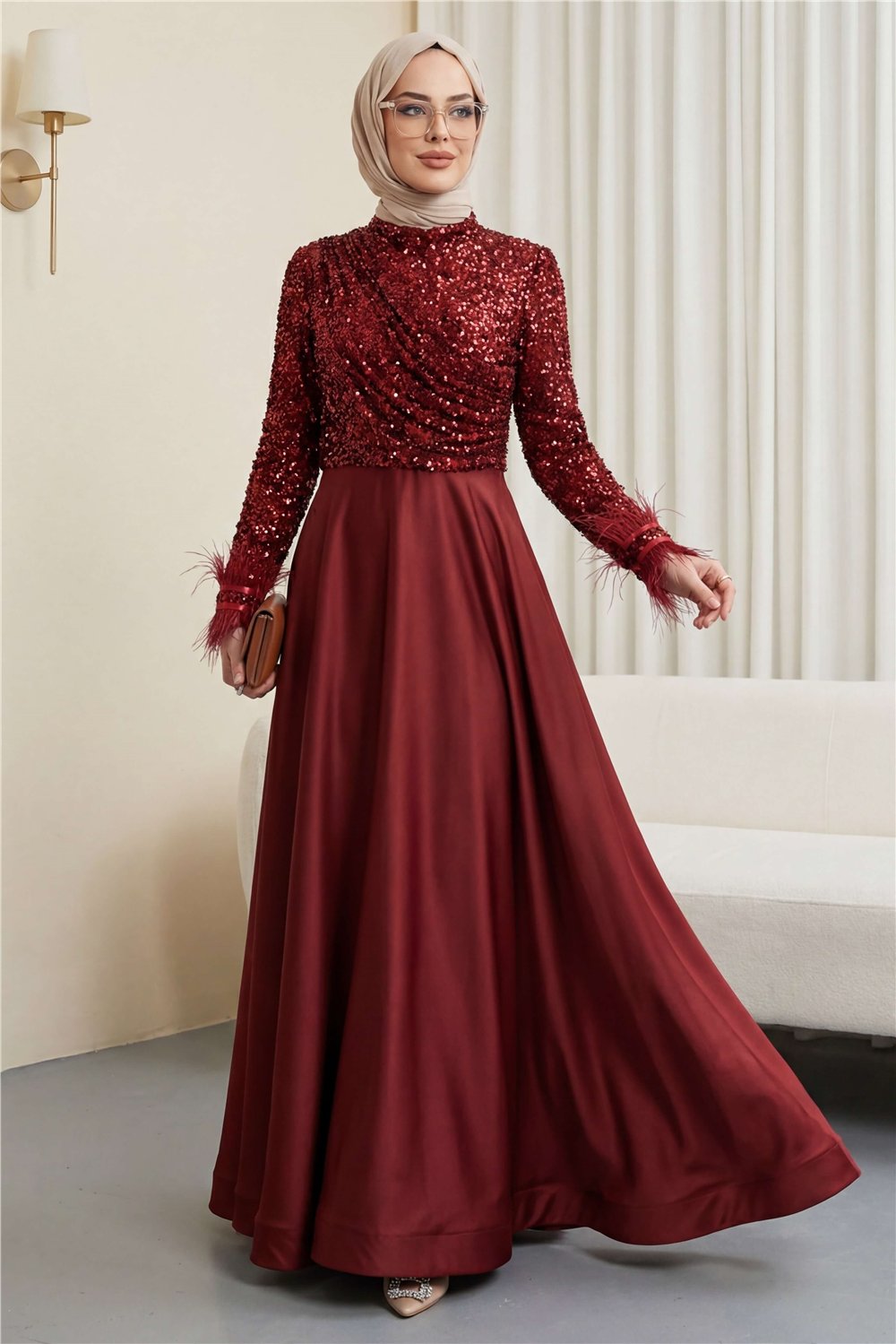 Üstü Pul Payet Kolları Tüylü Eteği Saten Abiye -Bordo-Abiye-316-4796-R04