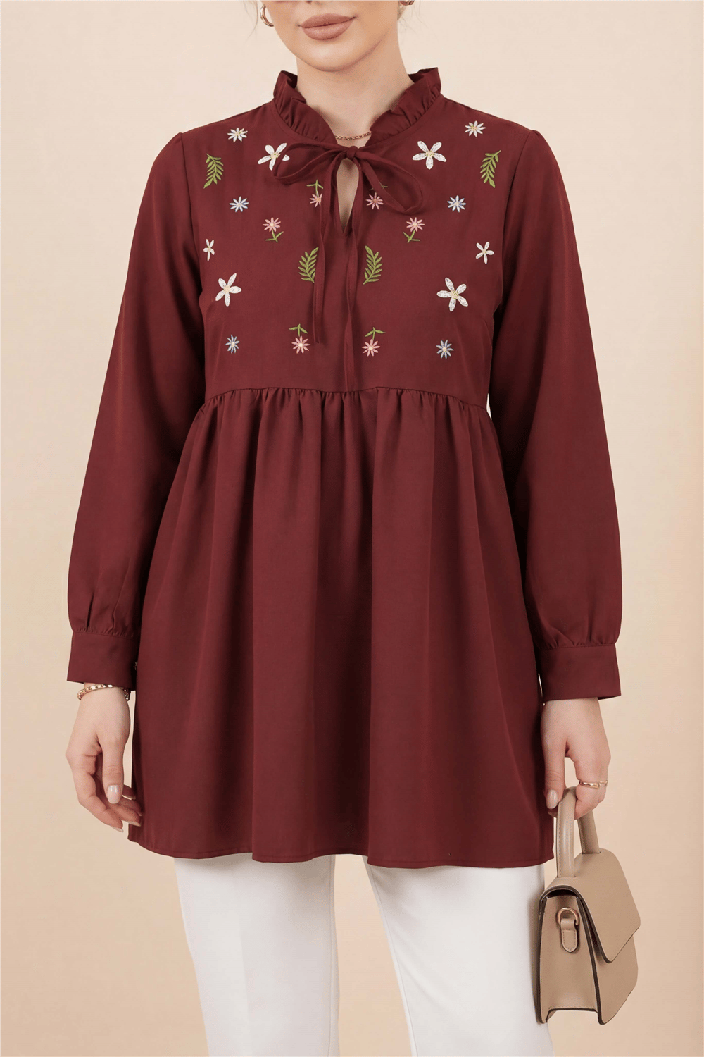 V Yaka Bağlamalı Yakası Fırfırlı Çiçek Nakışlı Poplin Tunik -Bordo-Tunik-349-8051-R04