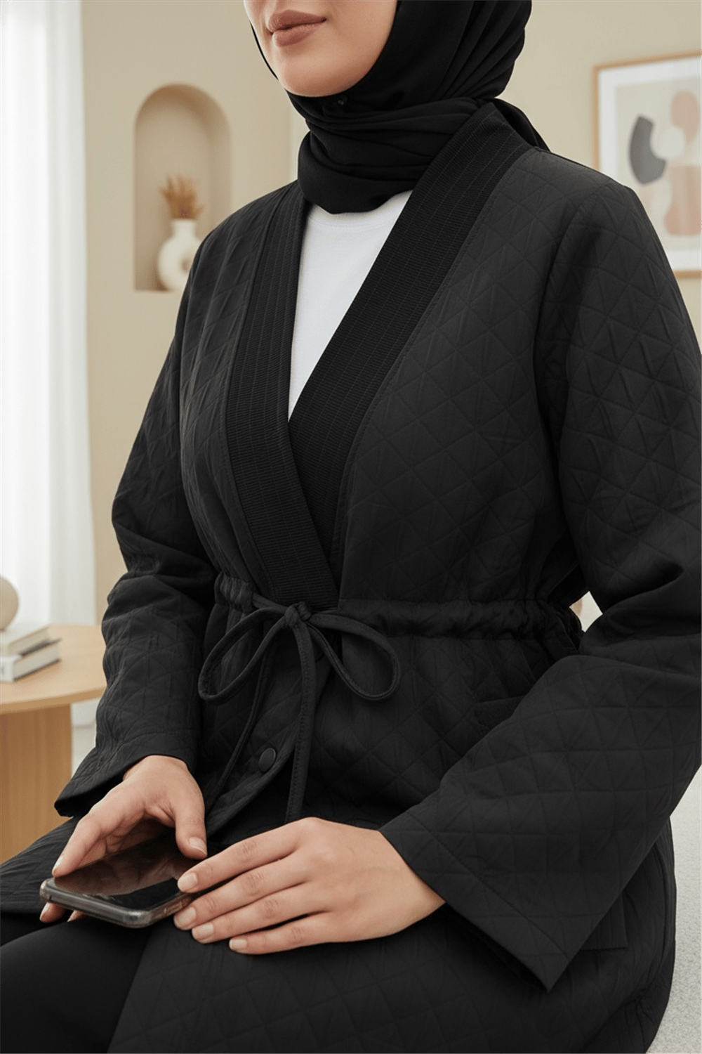 V Yaka Beli Bağcıklı Cepli Düğmeli Kap -Siyah-Trençkot-253-12983-R01