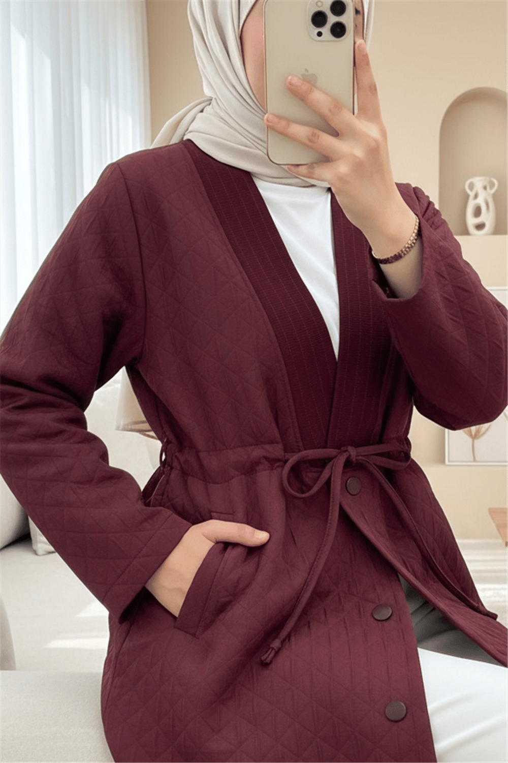 V Yaka Beli Bağcıklı Cepli Düğmeli Kap -Bordo-Trençkot-253-12983-R04
