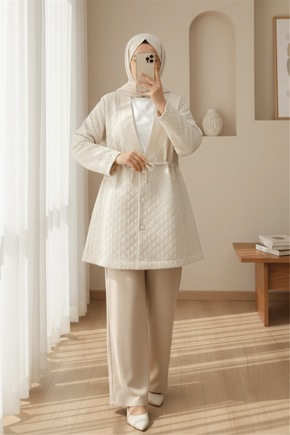 V Yaka Beli Bağcıklı Cepli Düğmeli Kap -Bej-Trençkot-253-12983-R56