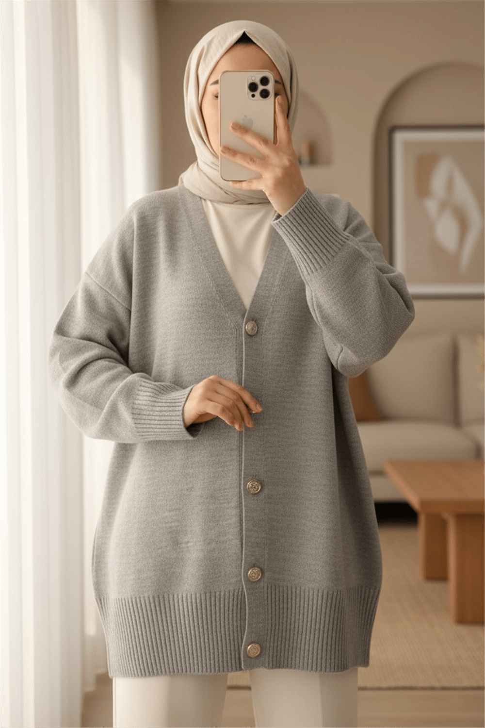 V Yaka Düğmeli Triko Hırka  -Gri-Hırka-109-9726-R11