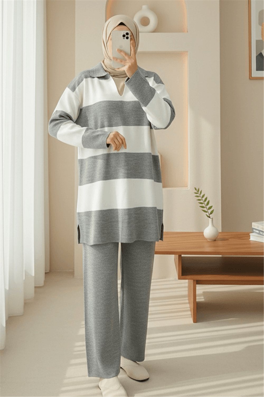 V Yaka Pantolonlu Triko Takım -Gri-Takım-384-5010-R11