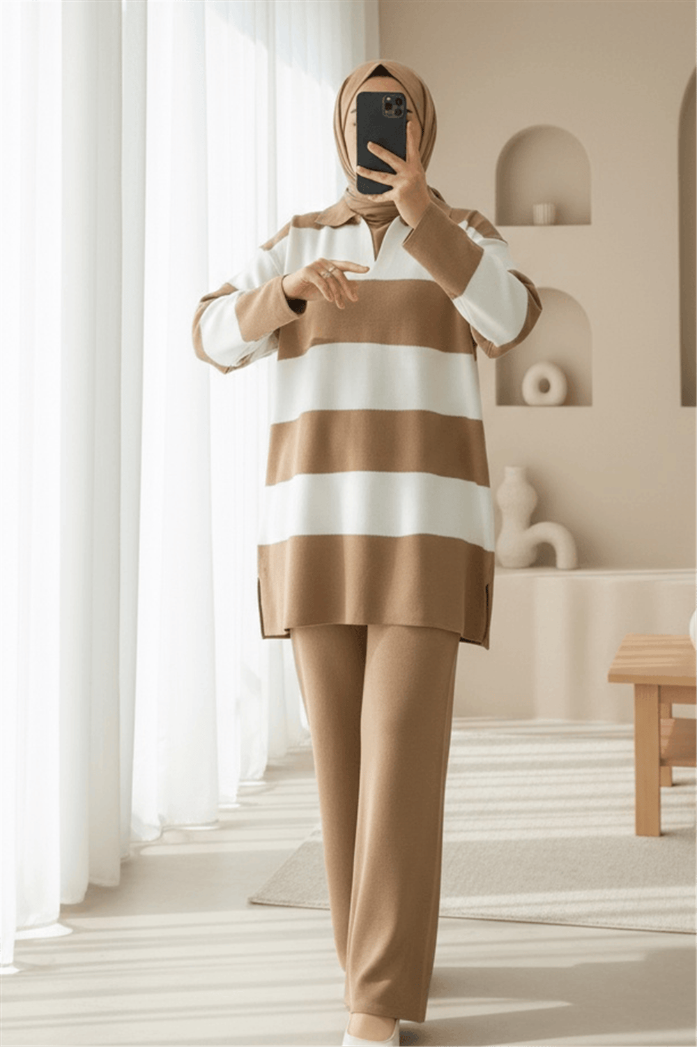 V Yaka Pantolonlu Triko Takım -Taba-Takım-384-5010-R12