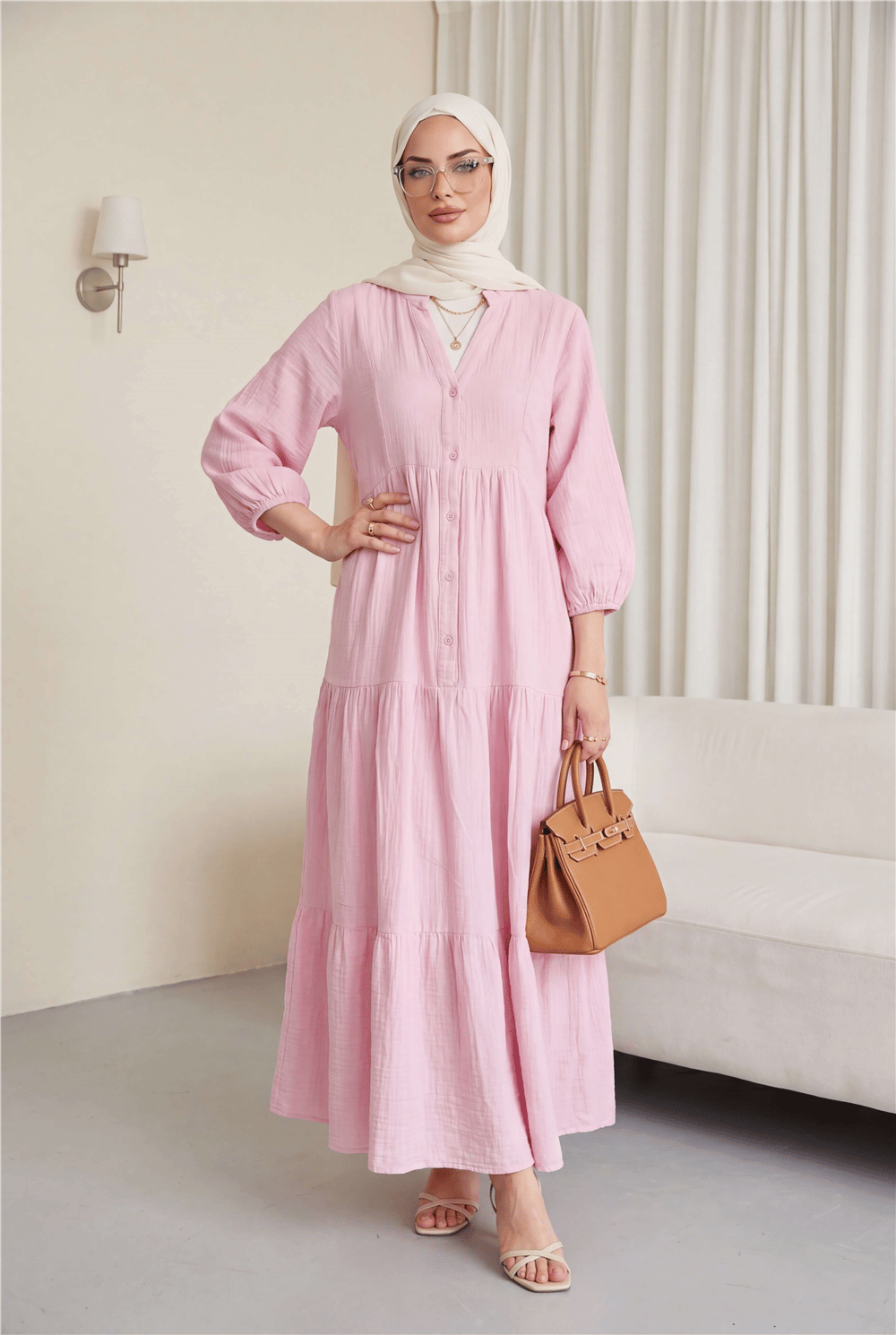 V Yaka Yarım Düğmeli Kolu Lastikli Parçalı Müslin Elbise  -Pembe-Elbise-430-3007-R20