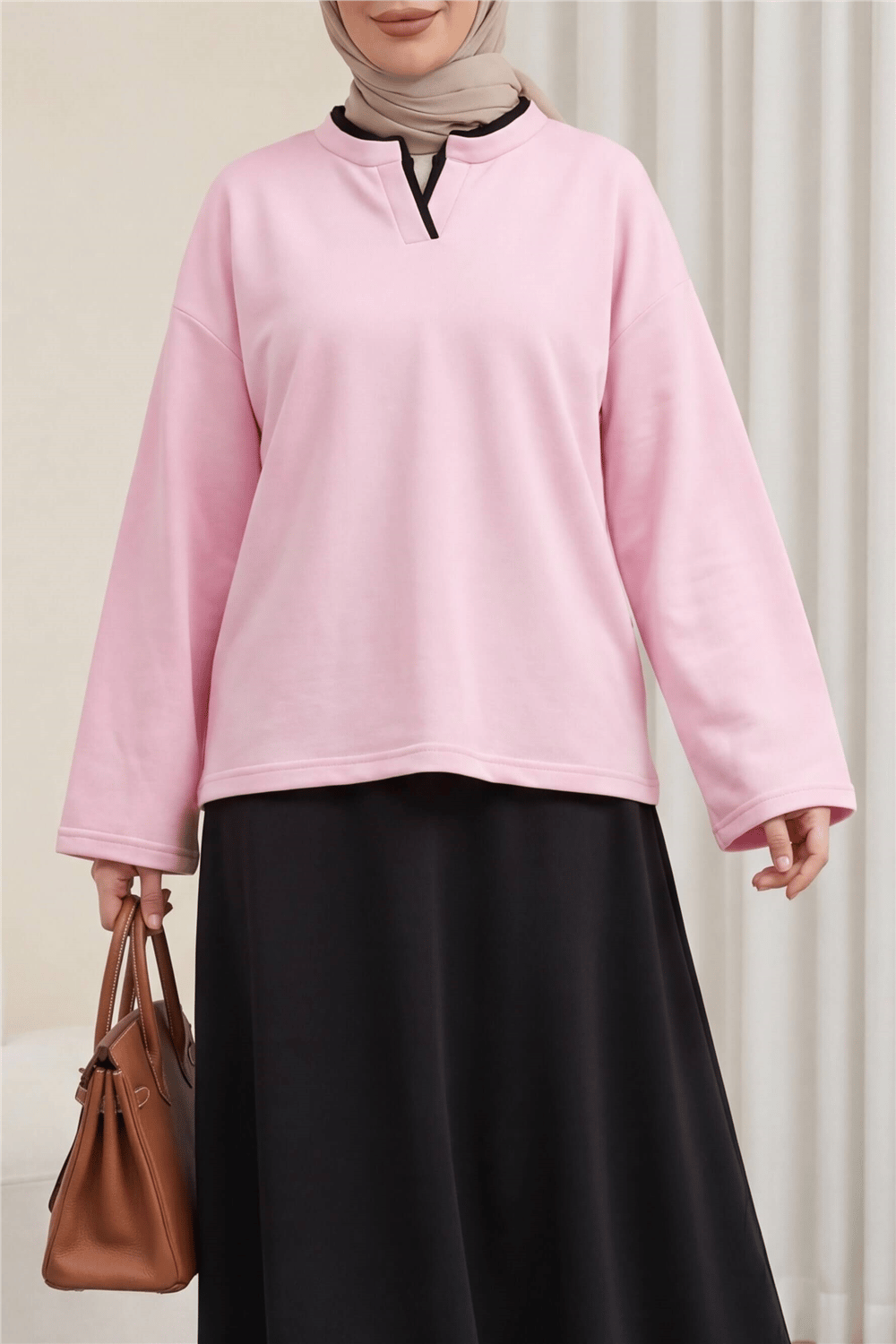 V Yakası Çift Kat 2 İplik Penye Bluz -Pembe-Bluz-253-13139-R20