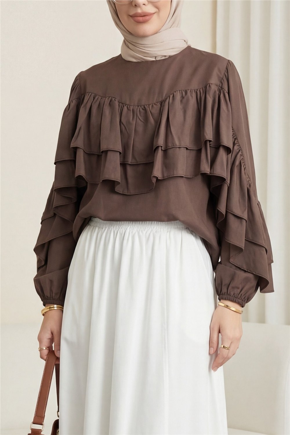 Volanlı Kolu Lastikli Bluz -K. Kahve-Bluz-307-0087-R54