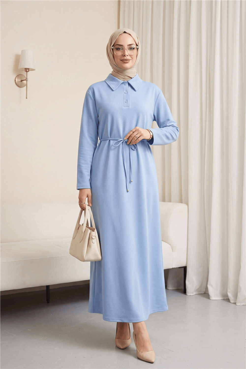 Yakalı  Düğmeli Beli Bağlamalı Penye Elbise  -Açık Mavi-Elbise-349-5326-R25