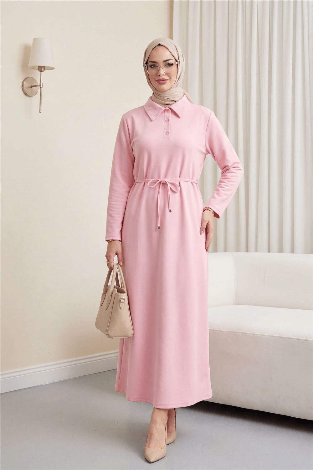 Yakalı  Düğmeli Beli Bağlamalı Penye Elbise  -Pudra-Elbise-349-5326-R06