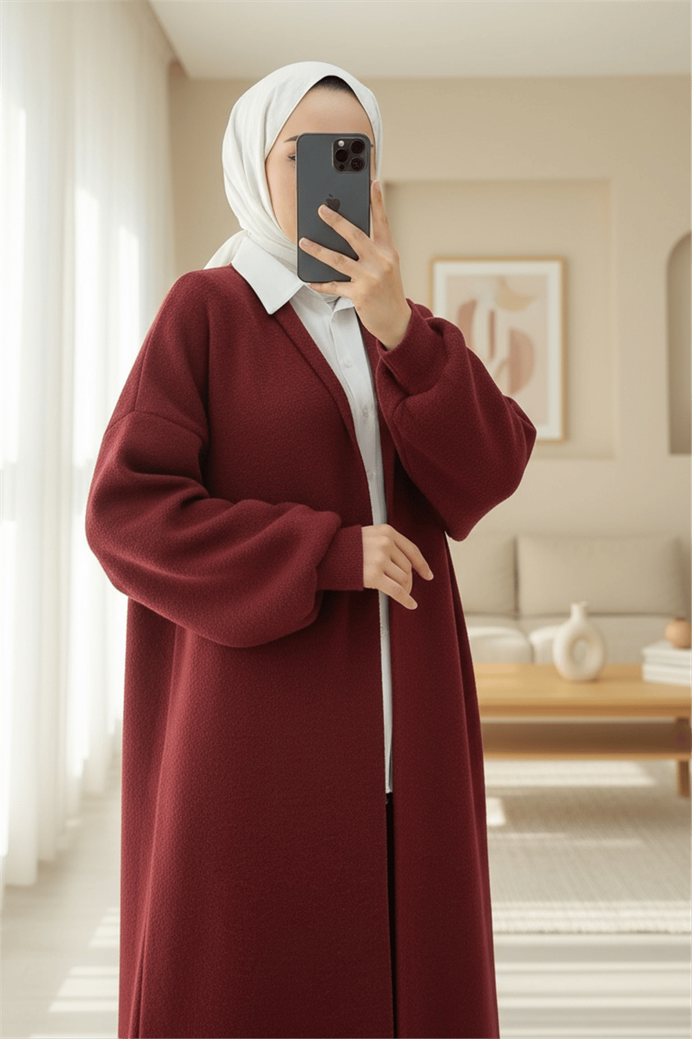 Yakalı Uzun Salaş Yumoş Hırka -Bordo-Hırka-385-3814-R04