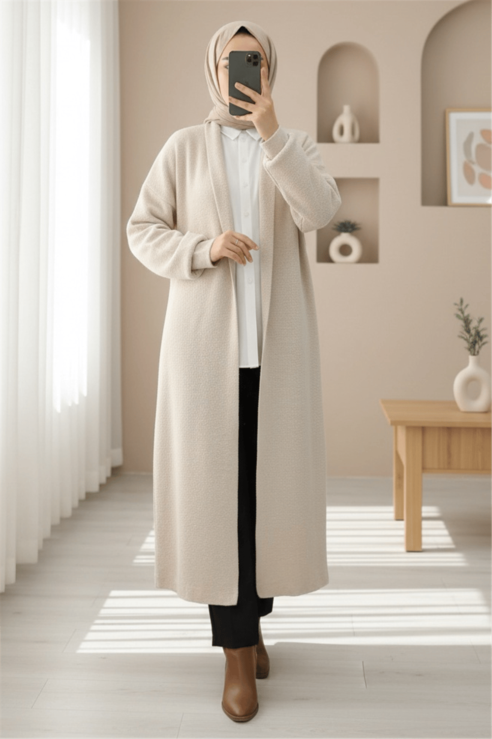 Yakalı Uzun Salaş Yumoş Hırka -Ekru-Hırka-385-3814-R07