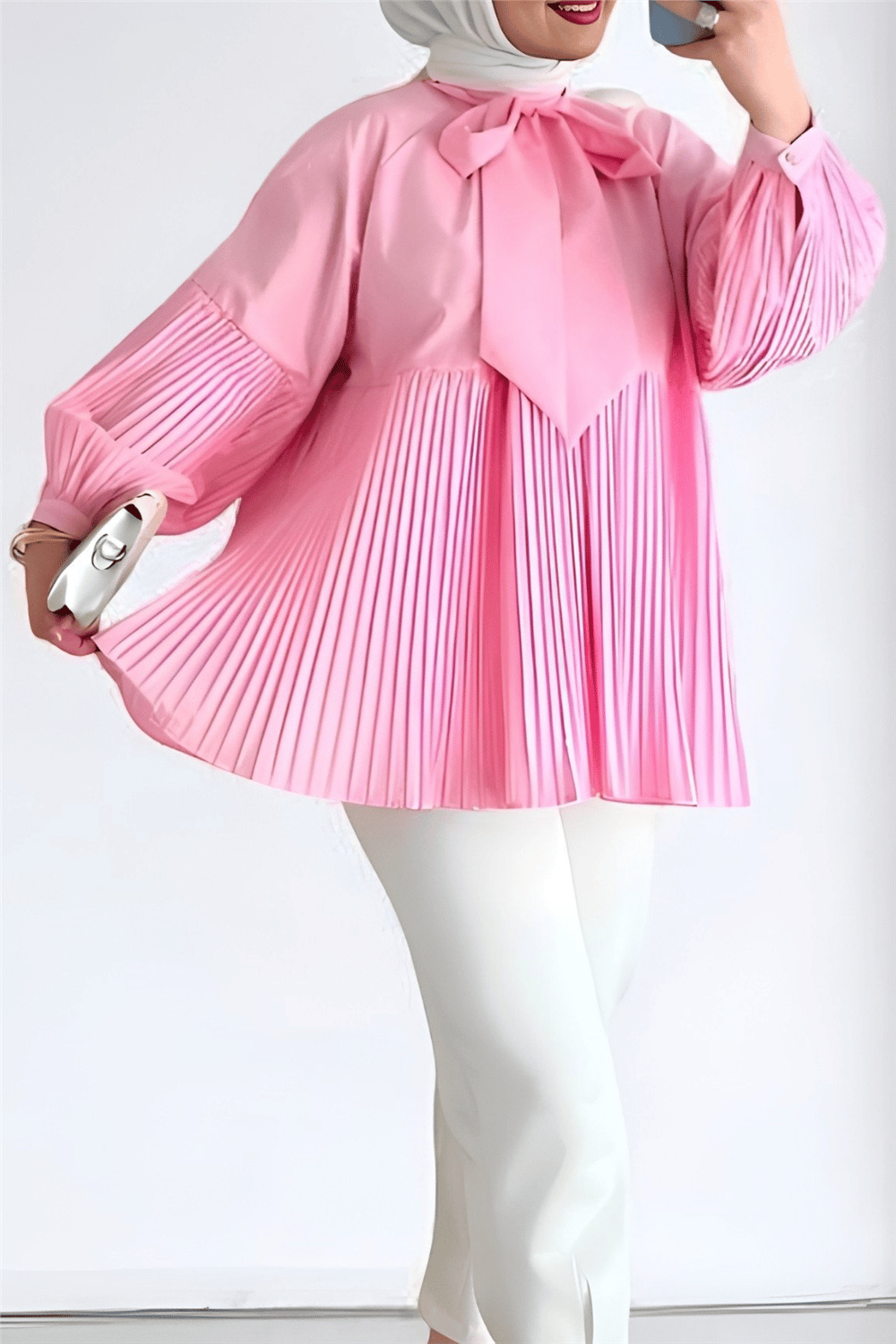 Yakası Bağcıklı Kolları ve Eteği Pliseli Tunik -Pembe-Tunik-223-3041-R20