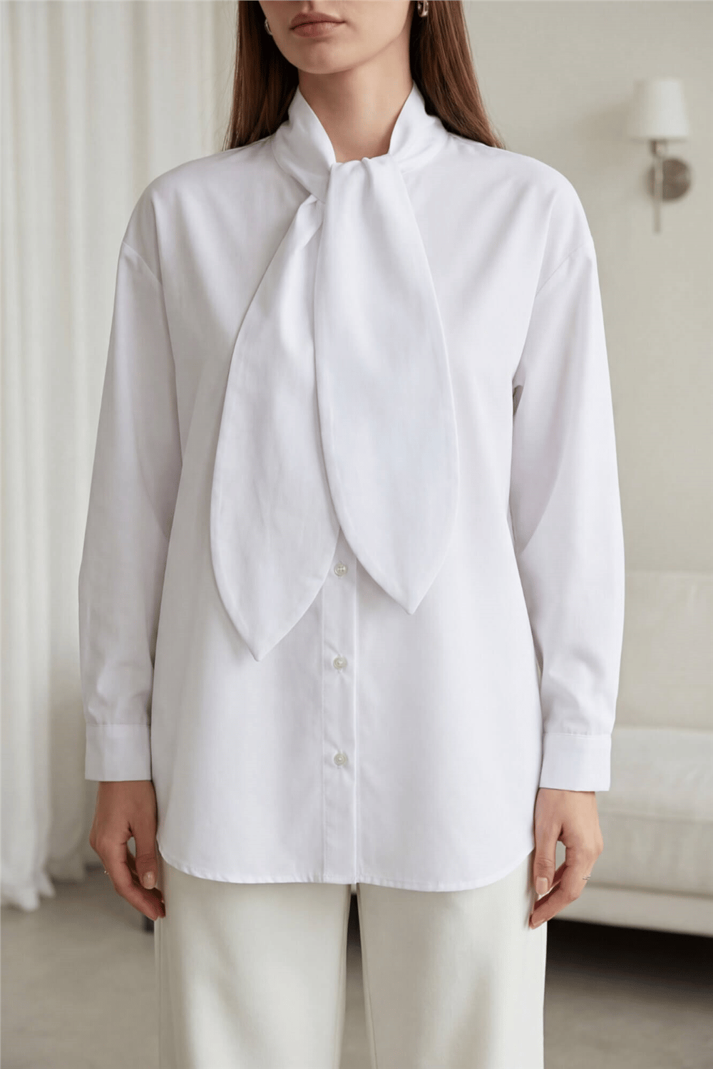Yakası Bağlamalı Düğmeli Oversize Gömlek -Beyaz-Gömlek-120-1637-R02