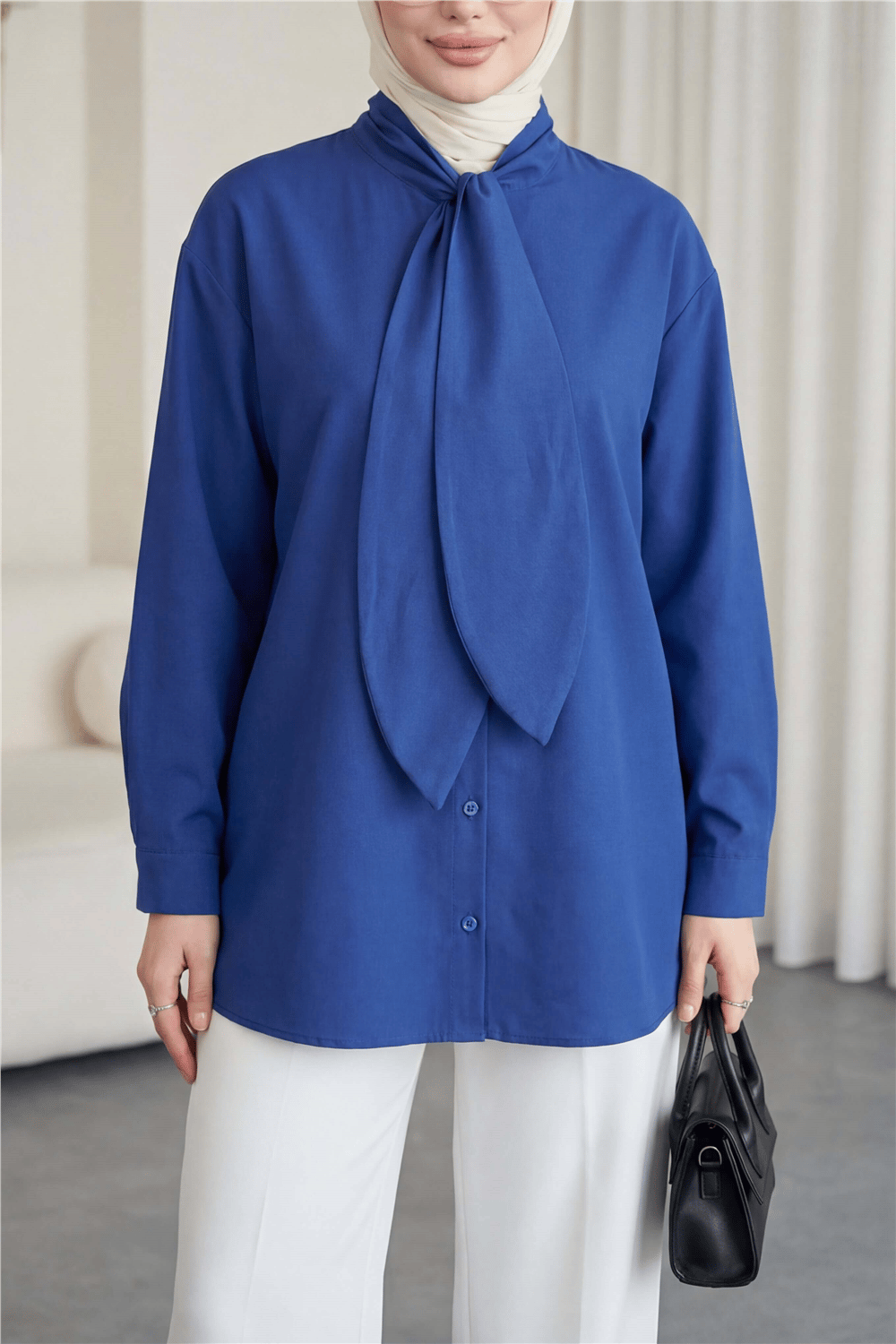Yakası Bağlamalı Düğmeli Oversize Gömlek -Laci-Gömlek-120-1637-R03