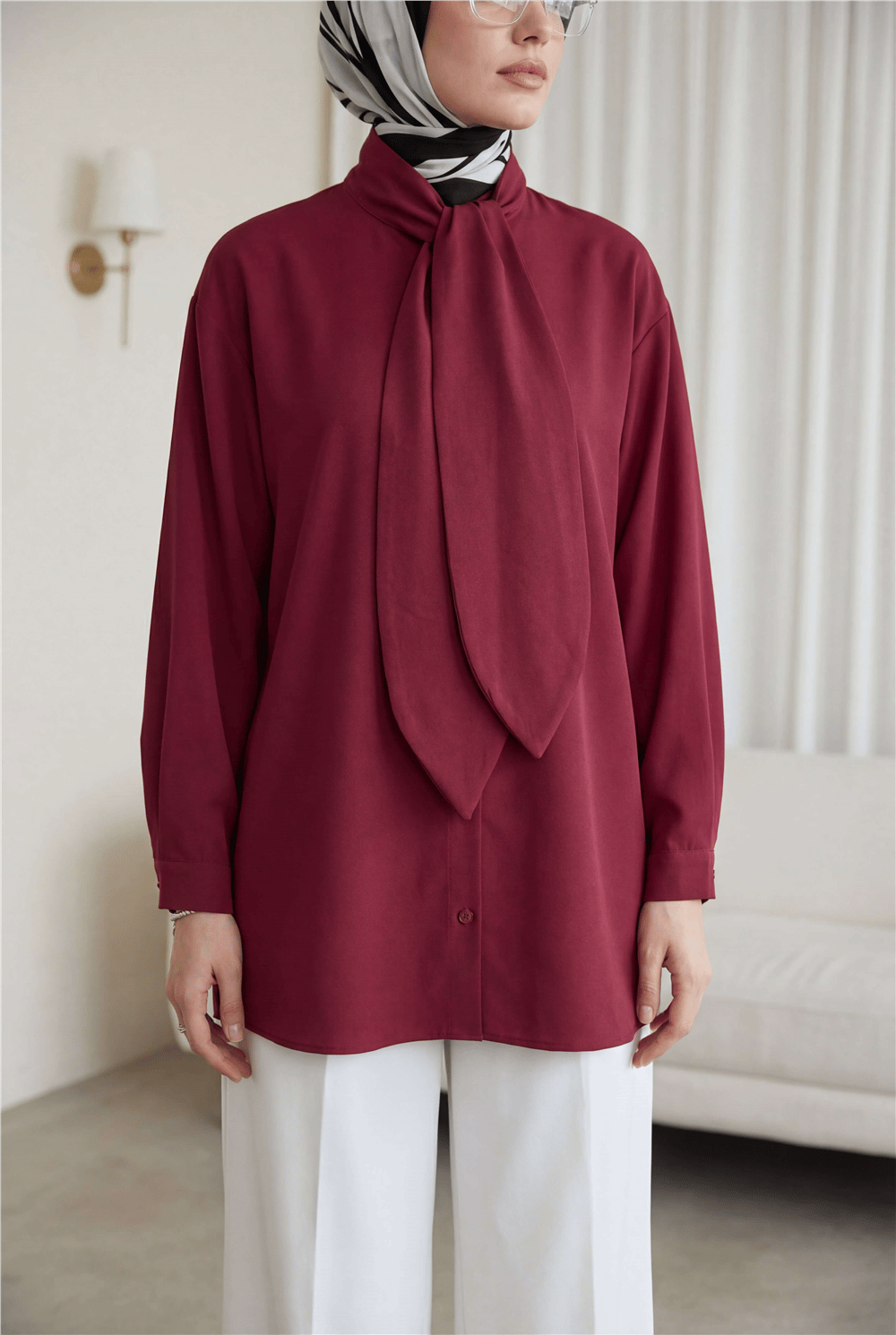 Yakası Bağlamalı Düğmeli Oversize Gömlek -Bordo-Gömlek-120-1637-R04