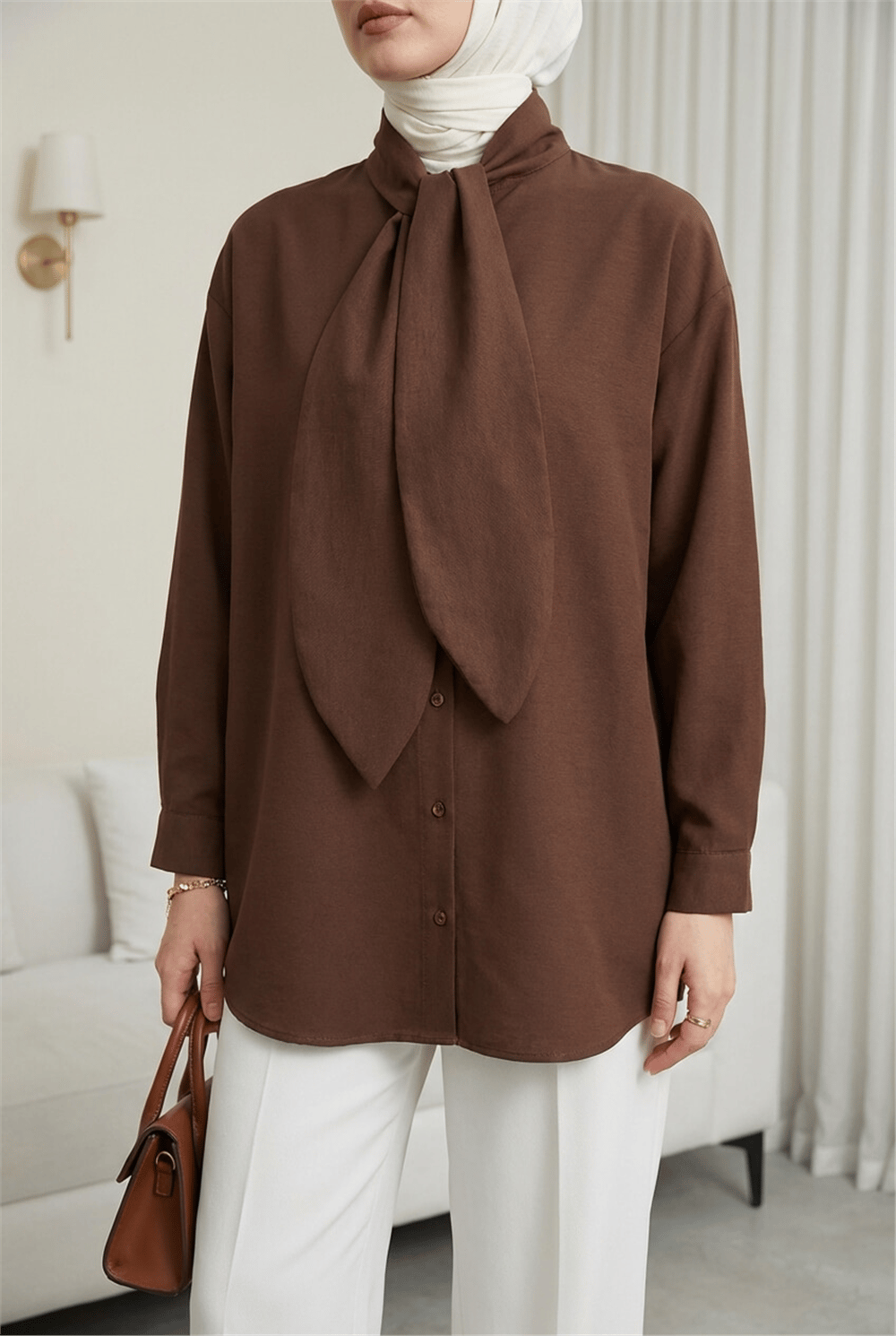 Yakası Bağlamalı Düğmeli Oversize Gömlek -Kahve-Gömlek-120-1637-R15