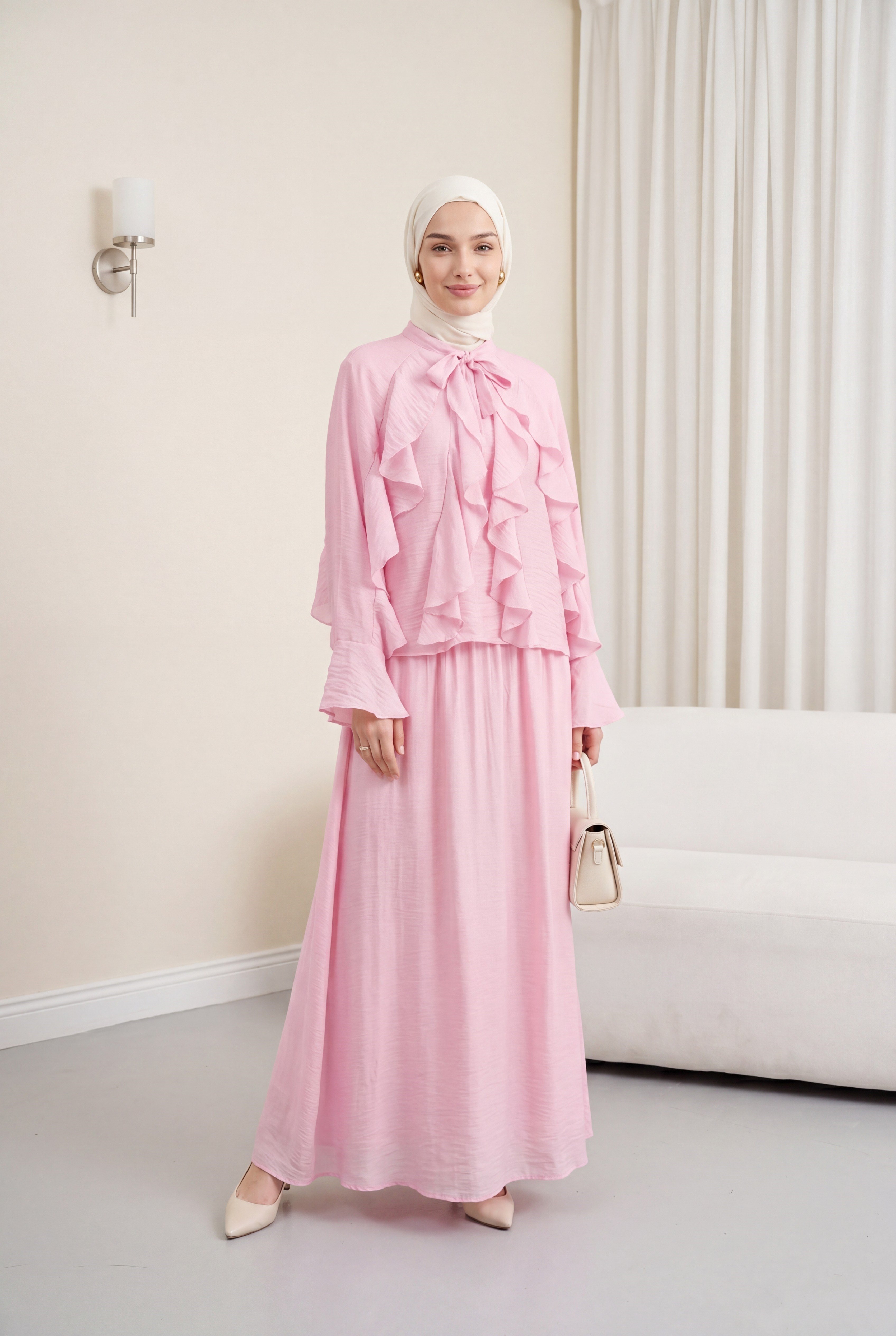 Yakası Bağlamalı Fırfır Detaylı Astarlı Tül Modal Takım  -Pembe