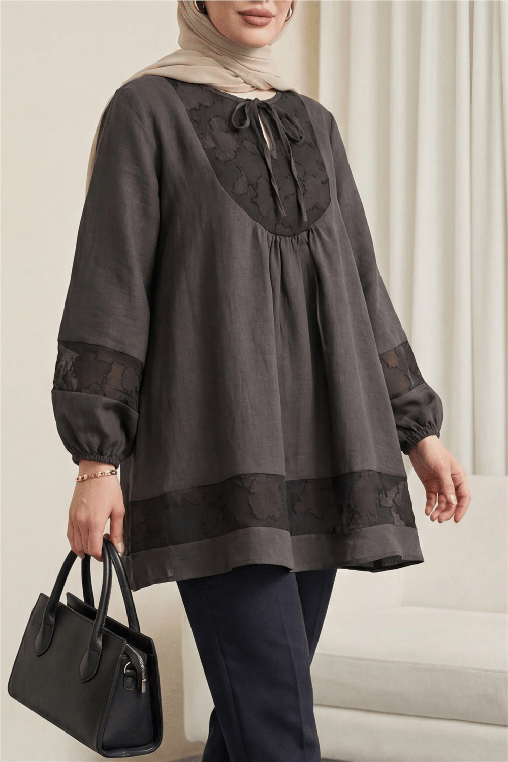Yakası Bağlamalı Kolu Lastikli Garnili Modal Tunik  -K. Kahve-Tunik-307-0124-R54