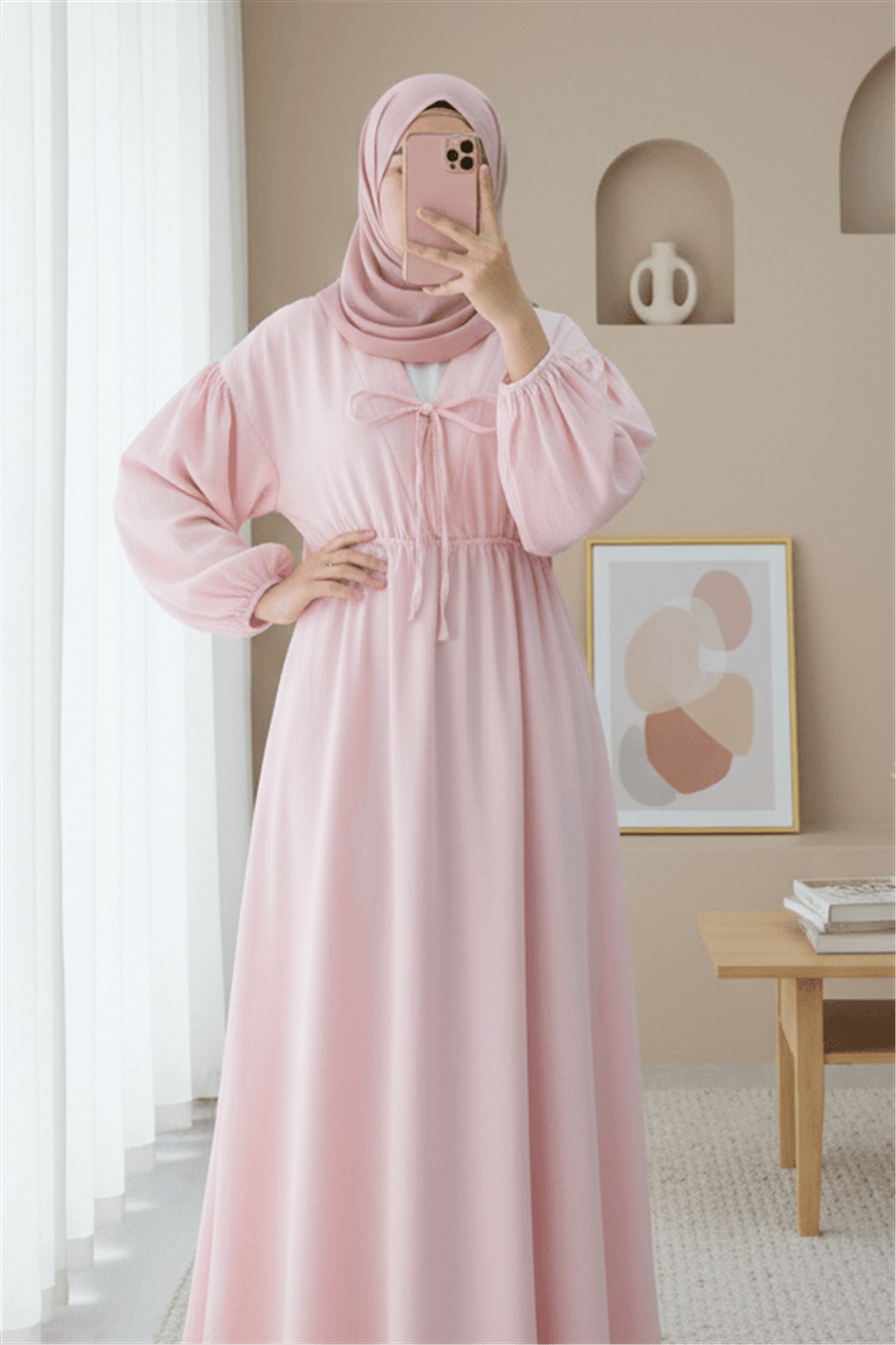 Yakası Bağlamalı Kolu Ve Beli Lastikli Müslin Elbise -Pudra-Elbise-346-3071-R06
