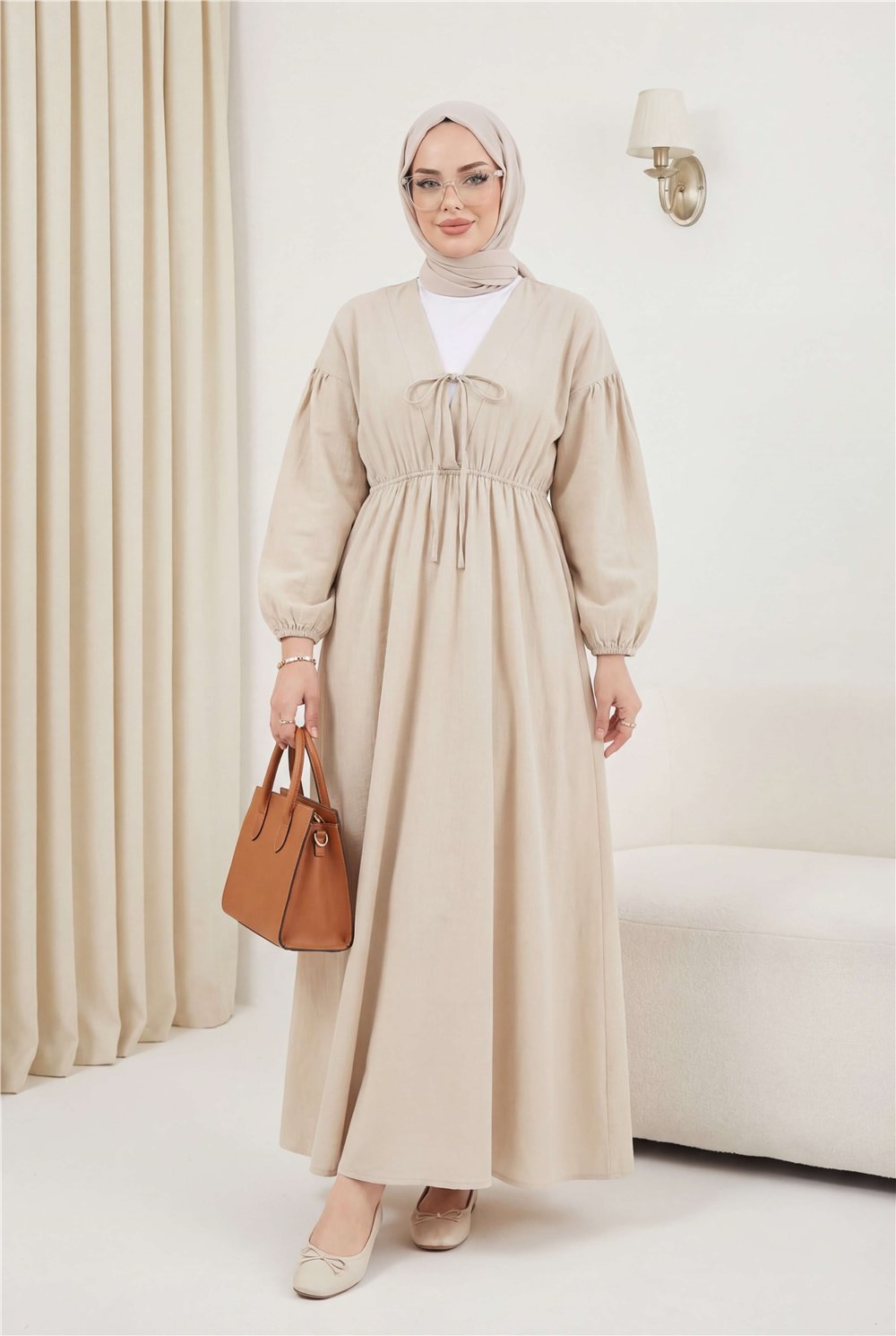 Yakası Bağlamalı Kolu Ve Beli Lastikli Müslin Elbise -Taş-Elbise-346-3071-R43