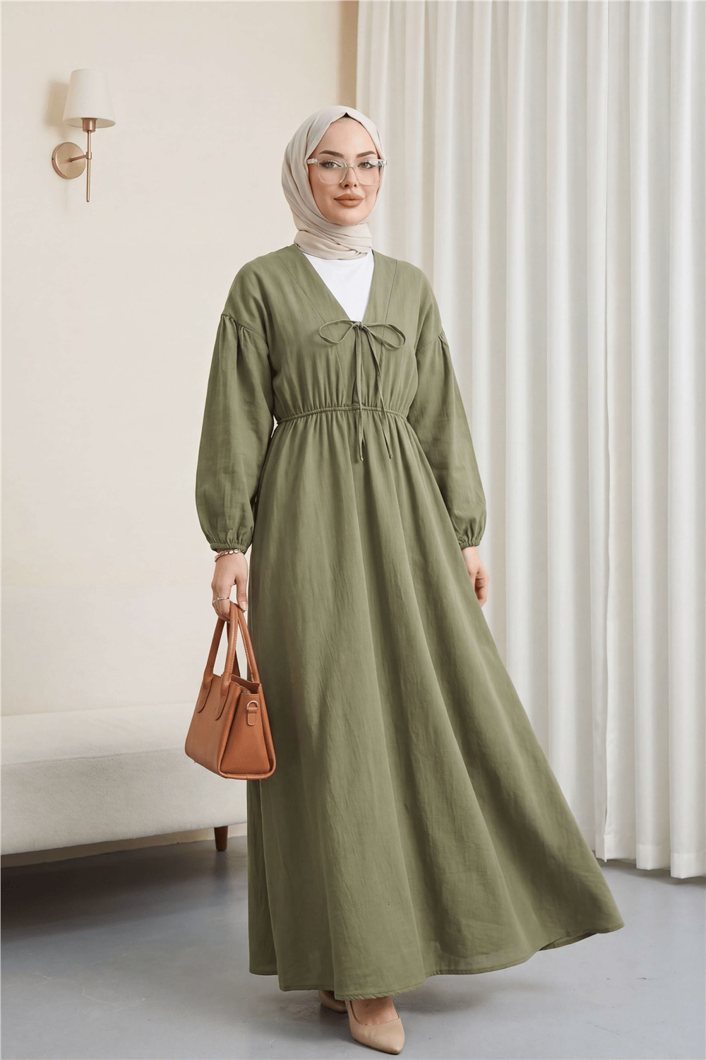 Yakası Bağlamalı Kolu Ve Beli Lastikli Müslin Elbise  -Haki-Elbise-346-3071-R05