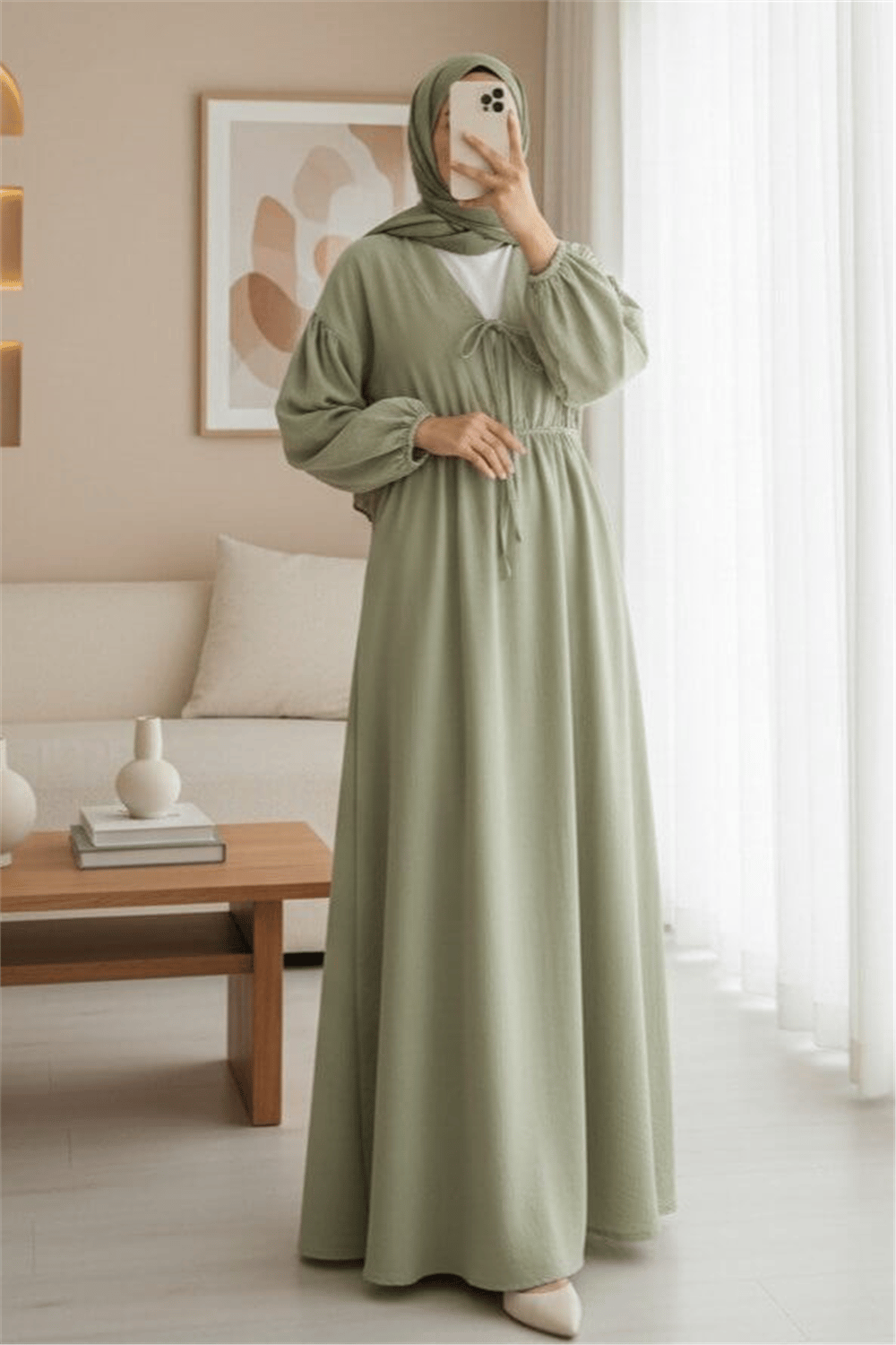 Yakası Bağlamalı Kolu Ve Beli Lastikli Müslin Elbise -Çağla Y.-Elbise-346-3071-R70