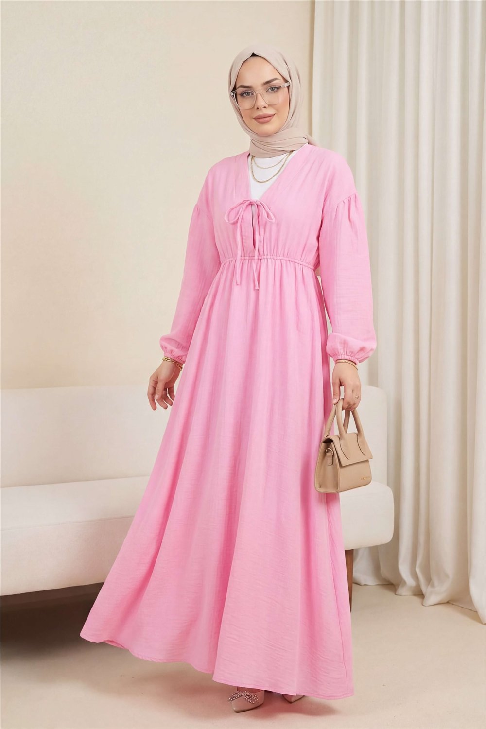 Yakası Bağlamalı Kolu Ve Beli Lastikli Müslin Elbise -Pembe-Elbise-346-3071-R20