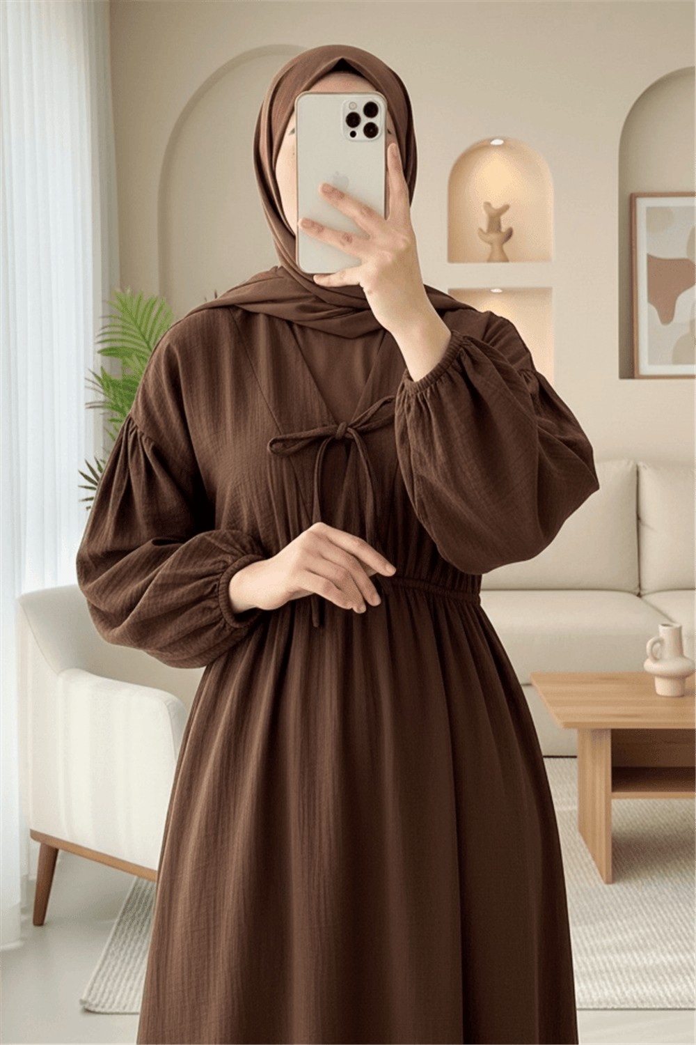 Yakası Bağlamalı Kolu Ve Beli Lastikli Müslin Elbise    -Kahve-Elbise-346-3071-R15