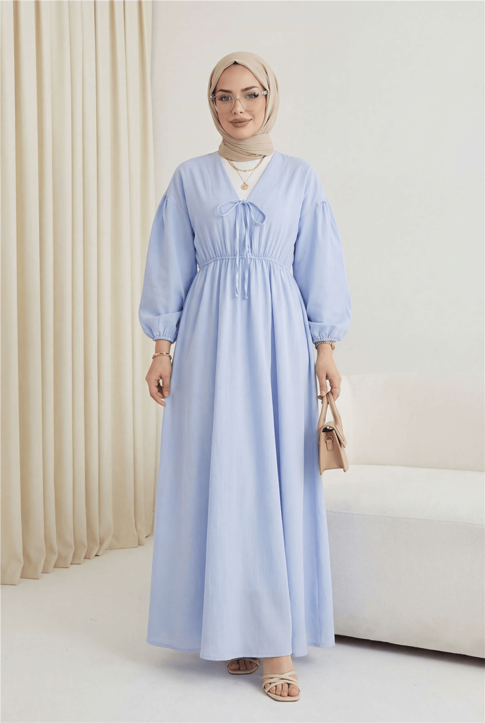 Yakası Bağlamalı Kolu Ve Beli Lastikli Müslin Elbise -Bebe Mavi-Elbise-346-3071-R32