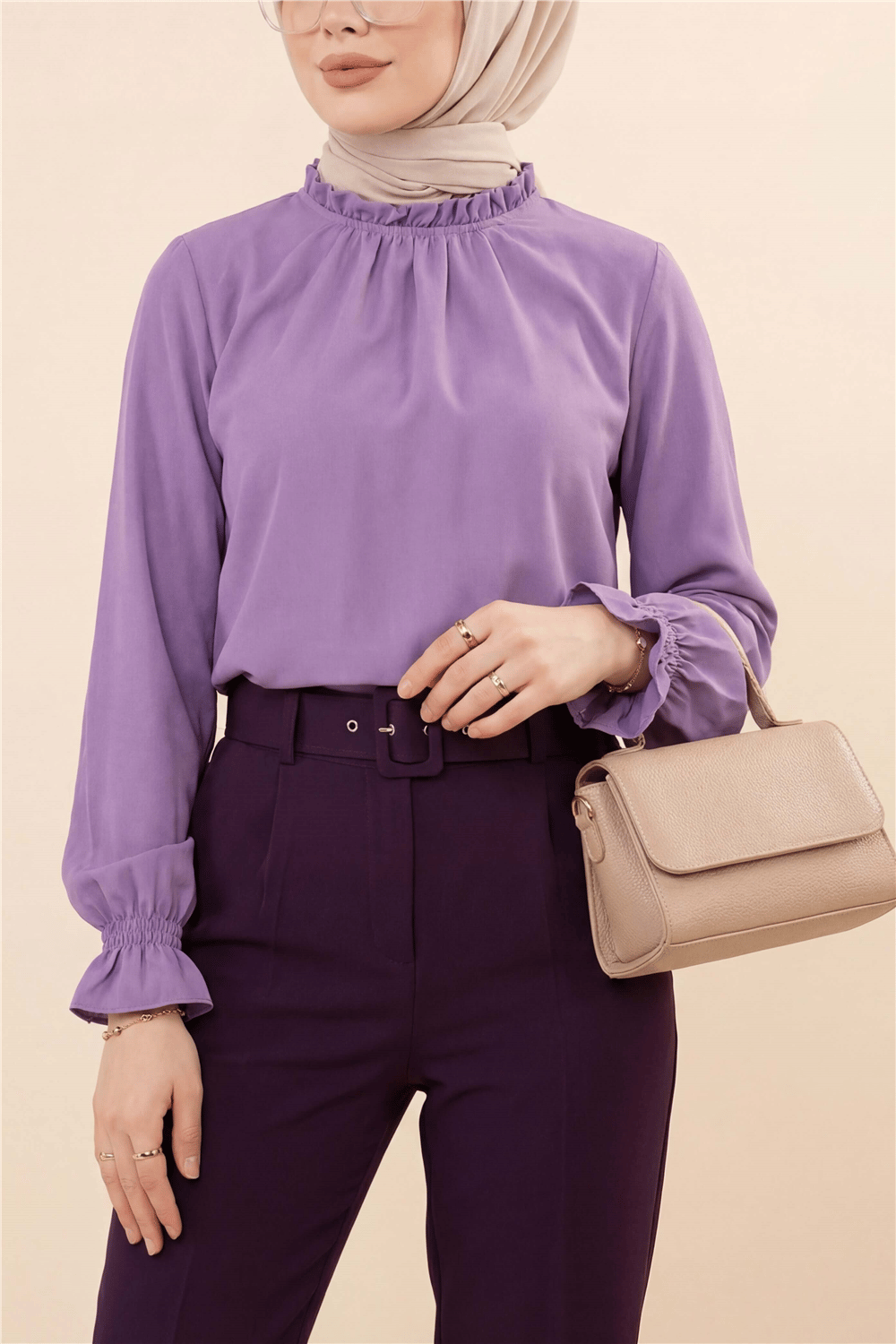 Yakası Büzgülü Bluz -Lila-Bluz-111-20840-R42