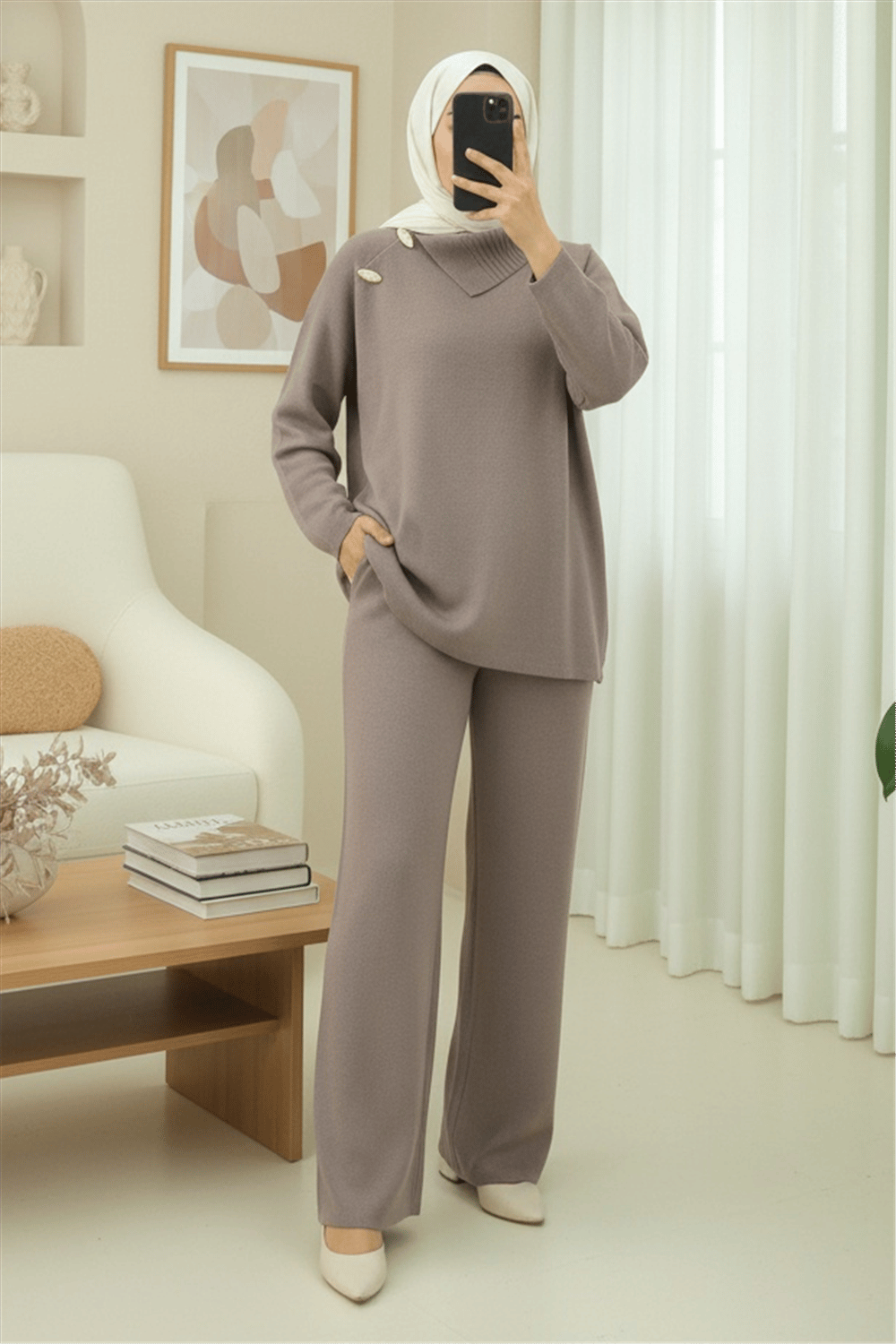 Yakası Çapraz Düğmeli Yarım Boğazlı Triko Takım -Toprak-Takım-295-4519-R55