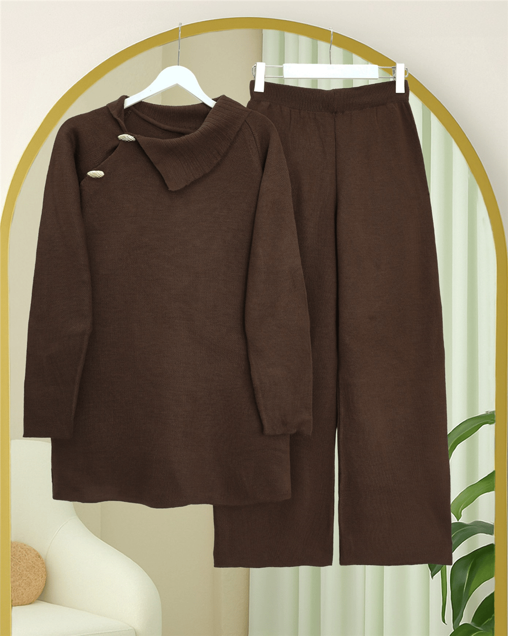 Yakası Çapraz Düğmeli Yarım Boğazlı Triko Takım -Kahve-Takım-295-4519-R15