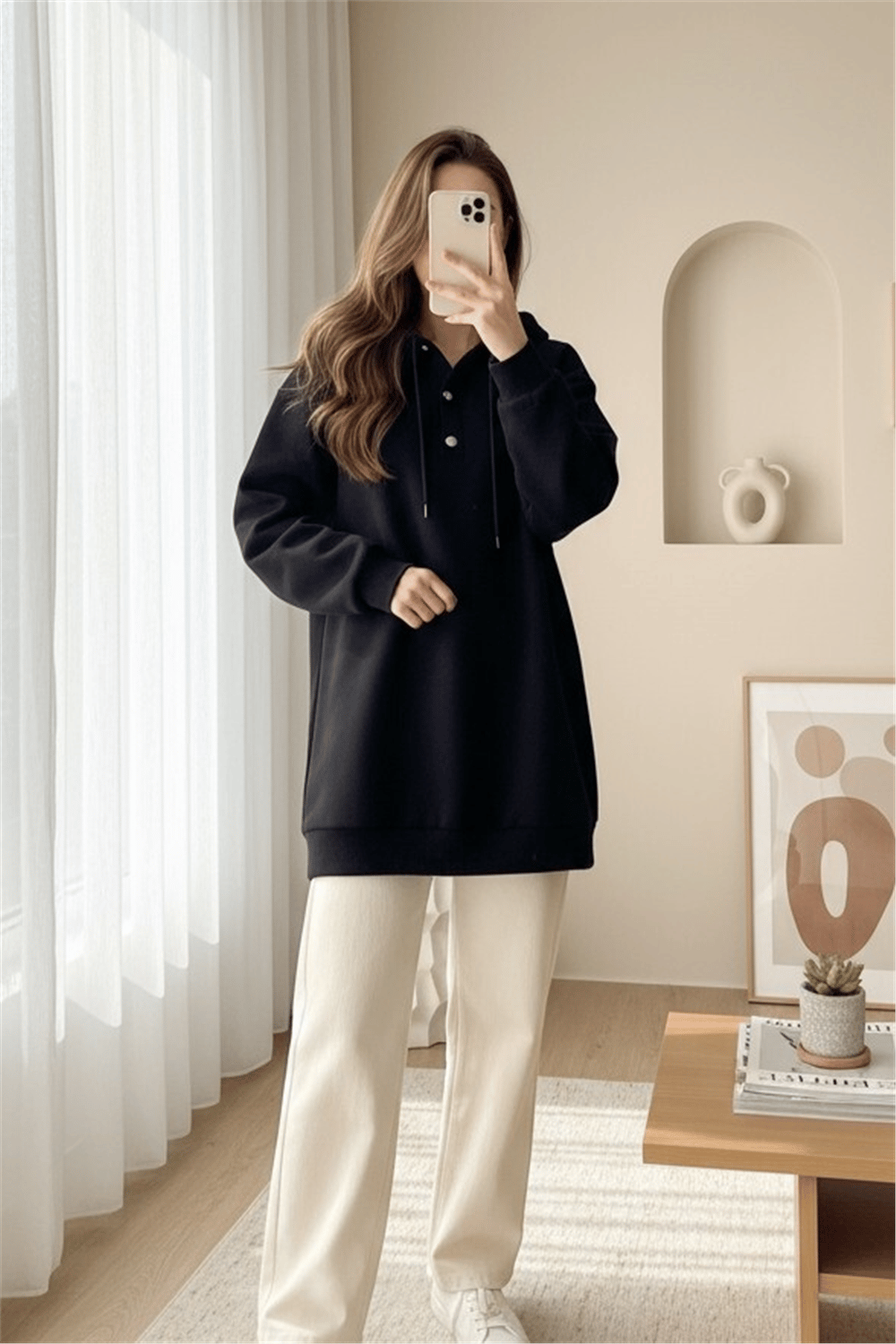 Yakası Çıtçıtlı Kapşonlu Şardonlu Üç İplik Sweat -Siyah-Sweatshirt-349-5162-R01