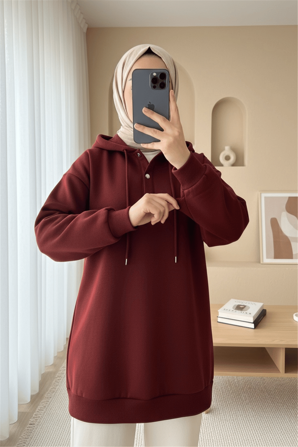 Yakası Çıtçıtlı Kapşonlu Şardonlu Üç İplik Sweat  -Bordo-Sweatshirt-349-5162-R04