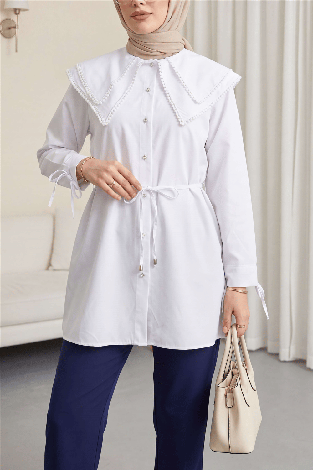 Yakası Dantelli Beli Ve Kolu Bağcıklı Poplin Tunik  -Beyaz-Tunik-349-8078-R02