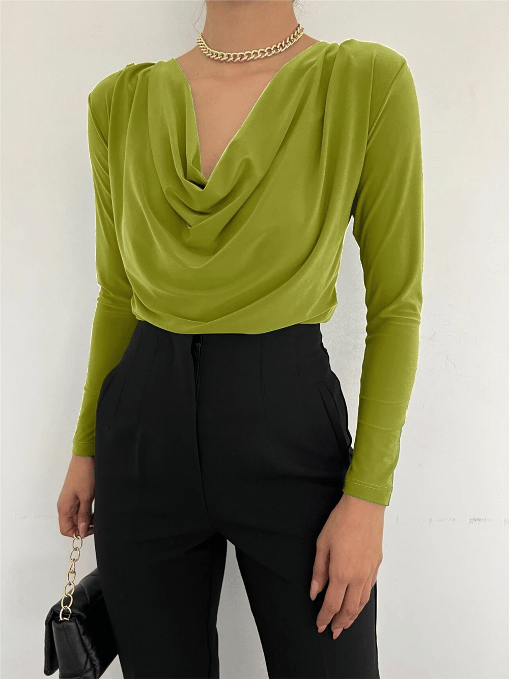 Yakası Drapeli Sendy Bluz   -Yağ Yeşili-Bluz-246-2544-R72