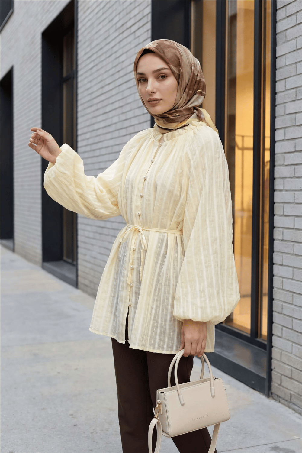 Yakası Fırfırlı Balon Kol Biritli Gofre Gömlek -Açık Sarı-Tunik-307-0122-R75