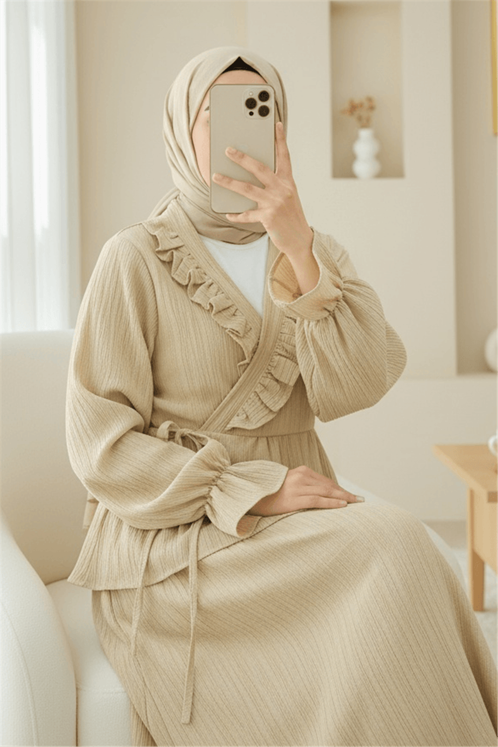 Yakası Fırfırlı Önü Bağlamalı Etekli Kimono Takım  -Açık Vizon-Takım-346-3074-R51