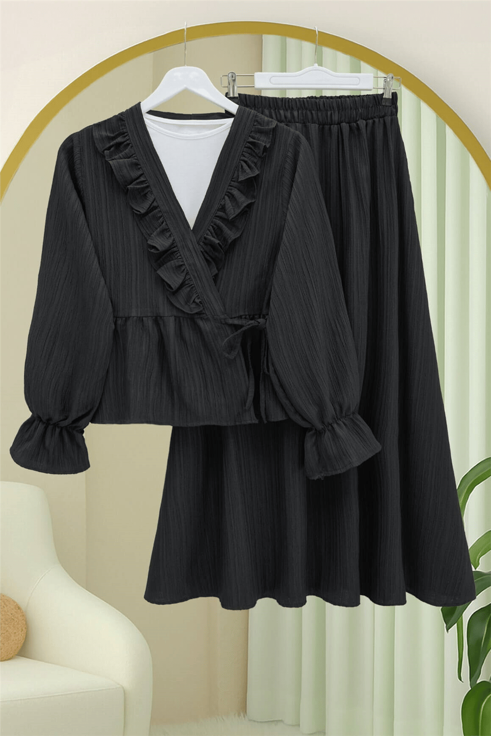 Yakası Fırfırlı Önü Bağlamalı Etekli Kimono Takım  -Siyah-Takım-346-3074-R01