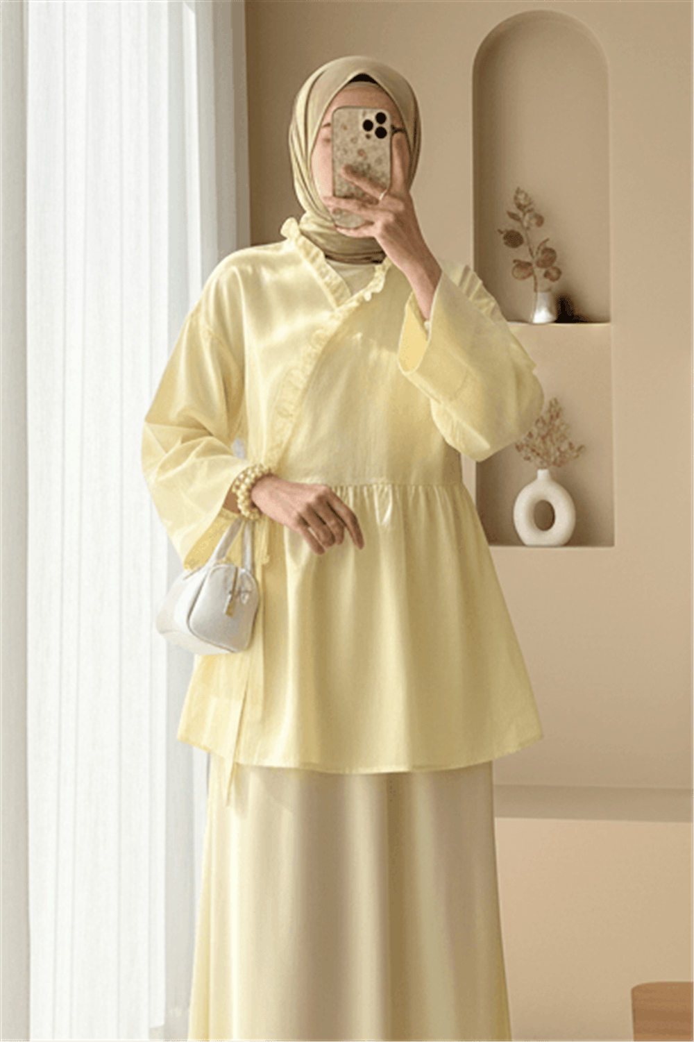 Yakası Fırfırlı Yandan Bağlamalı Keten Kimono   -Açık Sarı-Trençkot-307-2151-R75