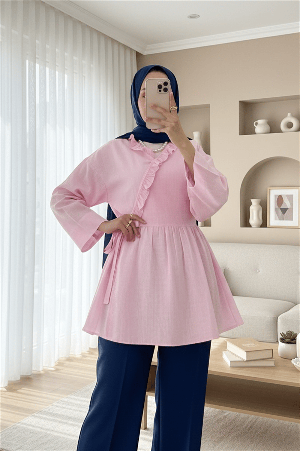 Yakası Fırfırlı Yandan Bağlamalı Keten Kimono  -Pembe-Trençkot-307-2151-R20